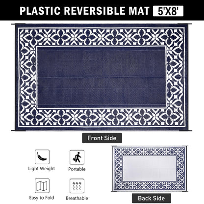 PureCozy Outdoor Plastic Straw Rug Navy Blue Large Outside Waterproof Outdoor Patio 5x8 Carpet Geometric Reversible Mat Modern for Camping RV Porch Deck Balcony Beach