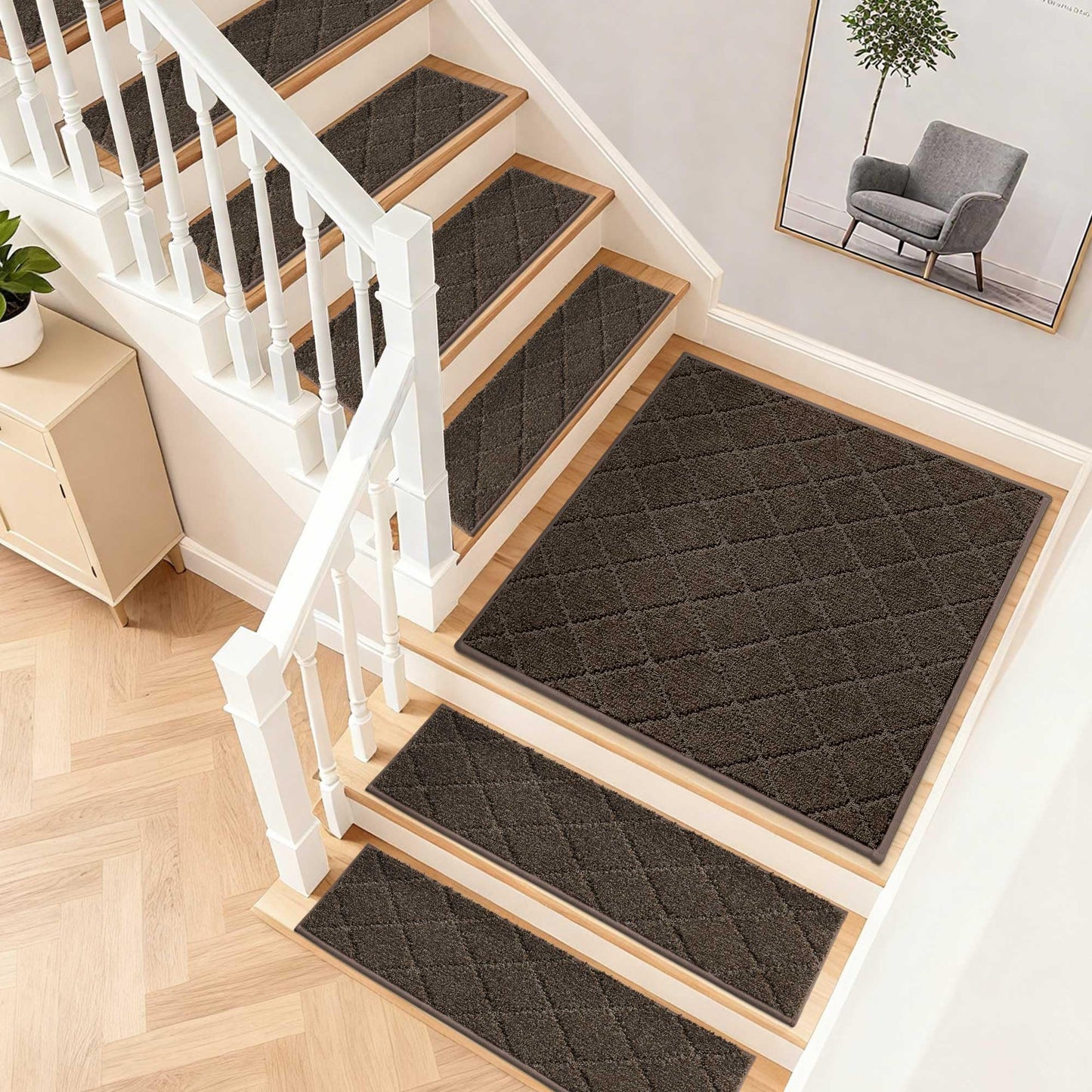 COSY HOMEER Edging Stair Treads Non-Slip Corner Indoor Stair Runners for Wooden Steps,Landing Slip Resistant Stair Rugs Mat for Kids and Dogs,100% Polyester TPE Backing,Brown,30x30 inch