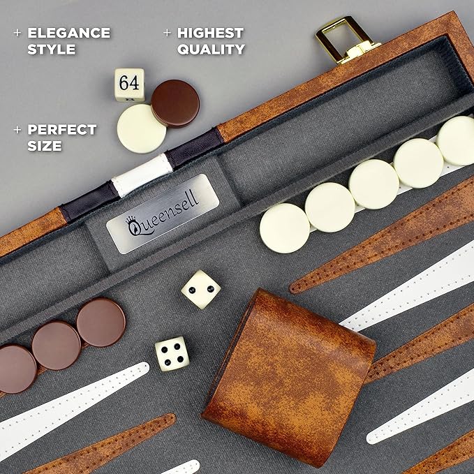Large Backgammon Sets for Adults - Classic Board Games for 2 Players Adults and Kids - Premium Backgammon Set 15 inch Board and 32 Backgammon Pieces in Quality PU Leather Case - Gift for Man
