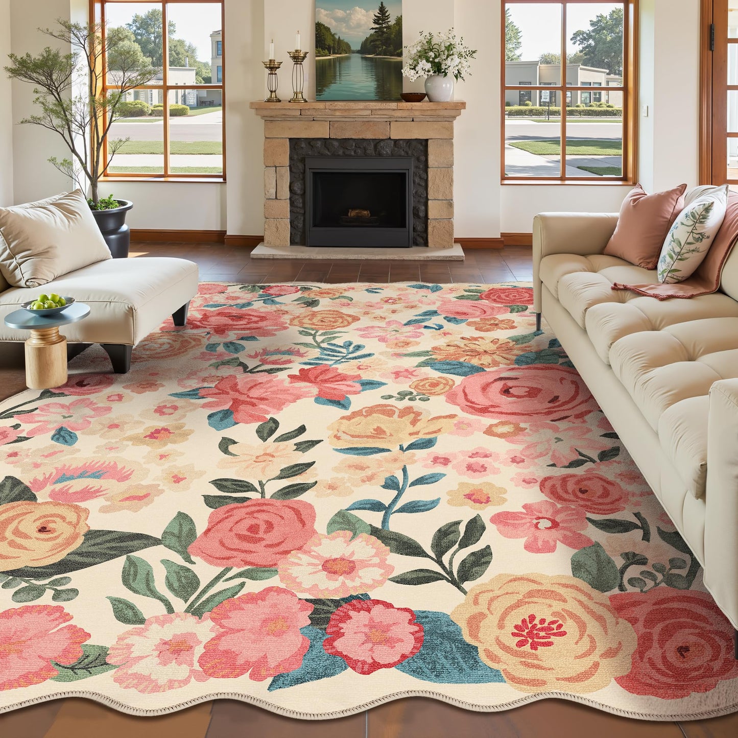PureCozy Washable Floral Area Rug 6x9 Beige Living Room Large Carpet Bedroom Scalloped Flower Non Slip Soft Throw Rug Farmhouse Low Pile Thin Indoor Floor Cover for Dining Room Office