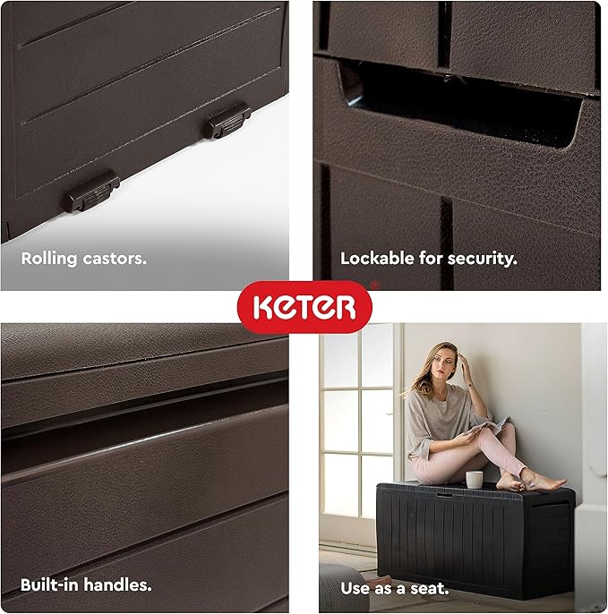 Keter Marvel Plus 71 Gallon Resin Outdoor Storage Box for Patio Furniture Cushions, Throw Pillows, Garden Tools and Pool Floats, Brown