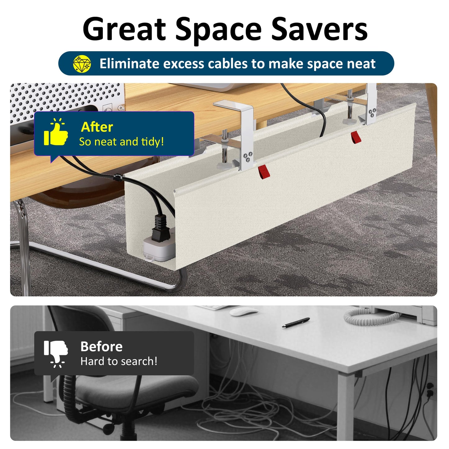 28" Small Under Desk Cable Management Tray No Drill, Compact Clamp On Cord Organizer for Dorm & Small Desk, Anti-Sag Oxford Fabric Wire Hider, Power Strip Holder (Beige, 28.6")