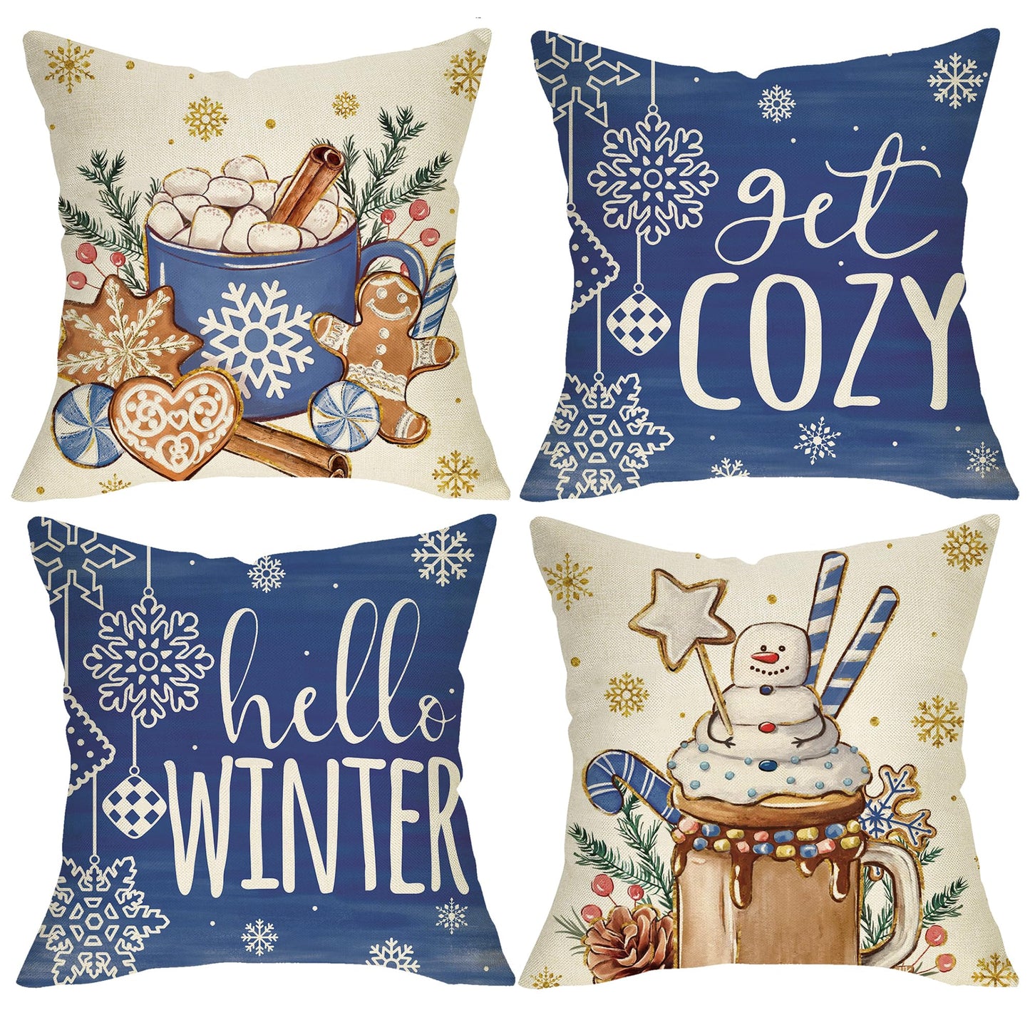 Fjfz Hello Winter Dark Blue Decorative Throw Pillow Covers 18 x 18 Set of 4, Christmas Get Cozy Hot Cocoa Gingerbread Man Porch Outdoor Home Decor, Snowflakes Snowman Seasonal Couch Cushion Case