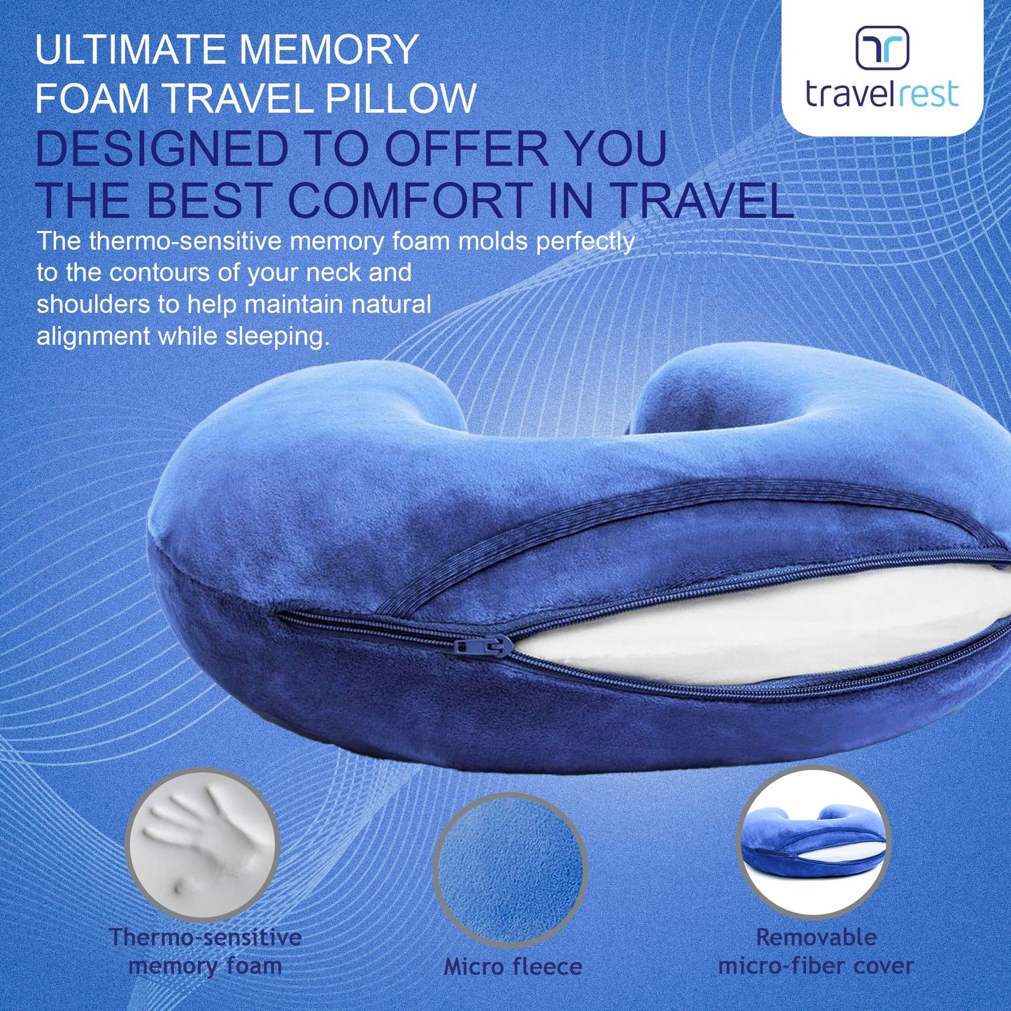 TRAVELREST Nest Neck Pillow Travel Essentials - Memory Foam Pillow and Patented Design, Support for Long Flights, Travel Accessories, Comfortable and Compact, Washable, Attaches to Luggage - Gray