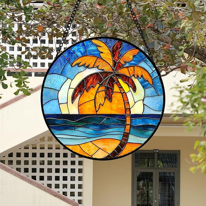 Stained Glass Window Hanging 4 Pcs Set Blue Orange Ocean Beach Theme 7.8" - Suncatcher Door Garden Sun Catcher Decor Birthday Christmas for Mom Woman Nana Men Wife