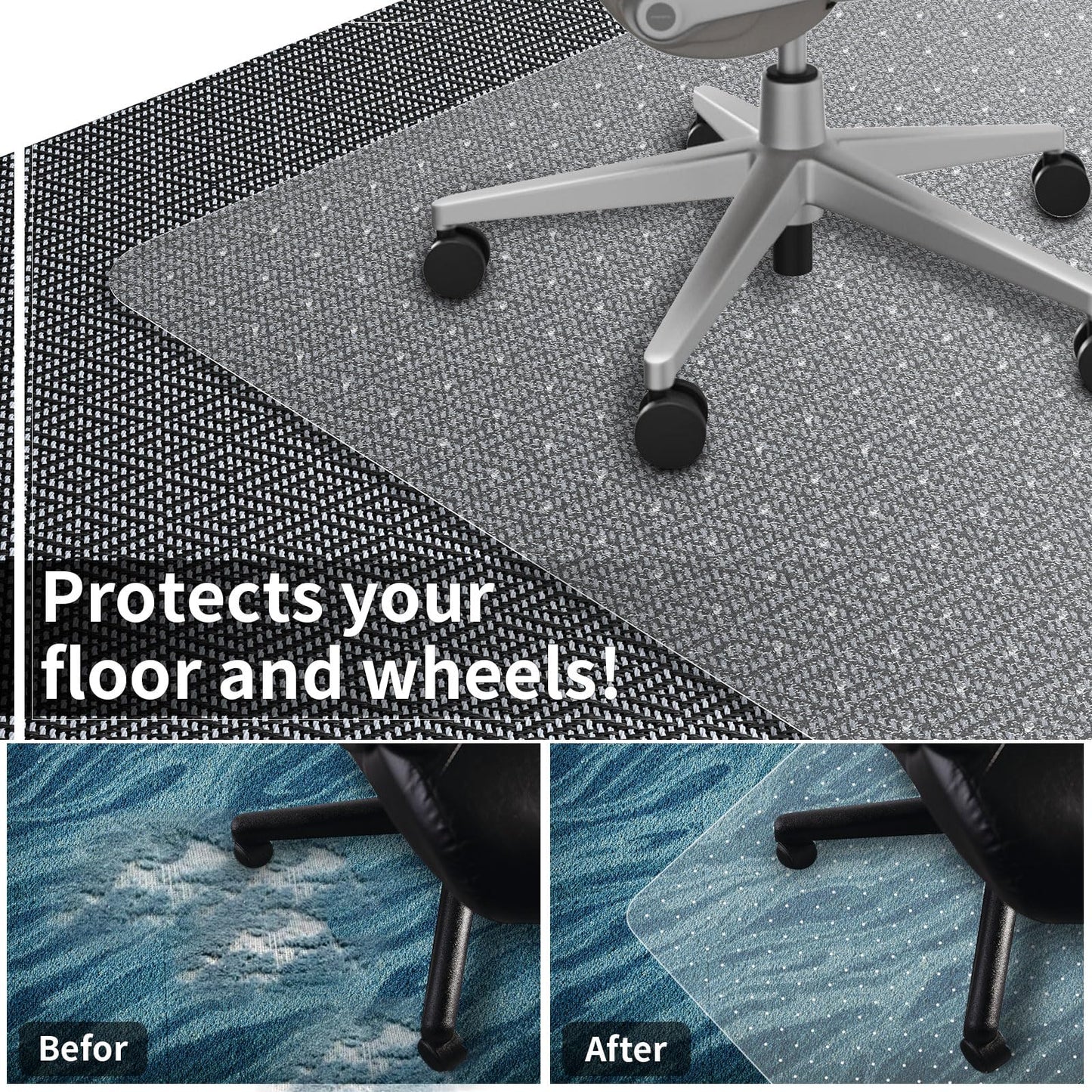 Office Chair Mat for Carpeted Floor, 63"x51" Clear Desk Mat for Carpet Large Protector Floor Mat On Low Pile Carpets, Easy Glide Rolling Plastic Floor Mat, Computer Chair Mat for Home Office