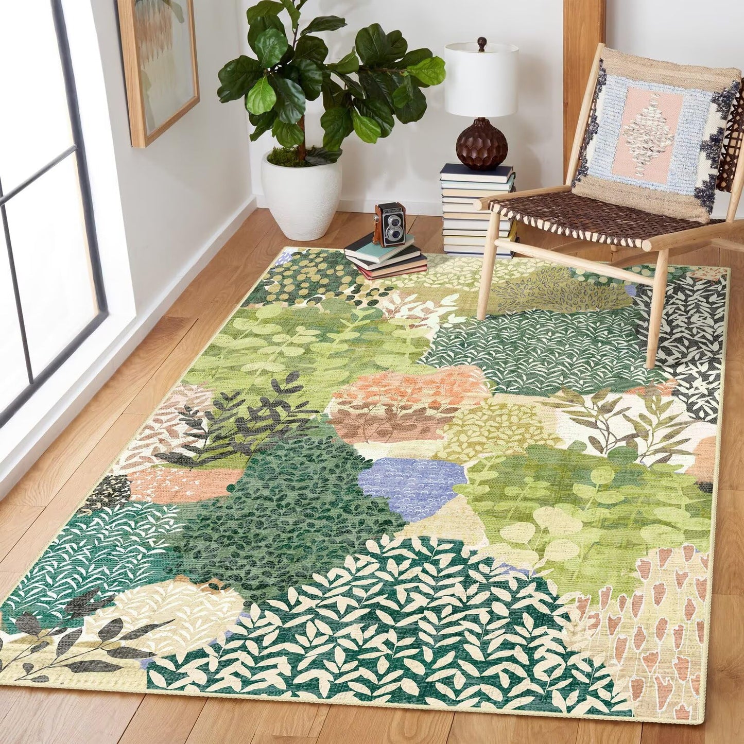 DEXDE Washable Area Rug 3x5 for Living Room, Tropical Vintage Leaf Botanical Rugs Non Slip Soft Kids Room,Abstract Small Boho Carpet for Bedroom, Entryway, Kitchen, Office Dining Room,Green