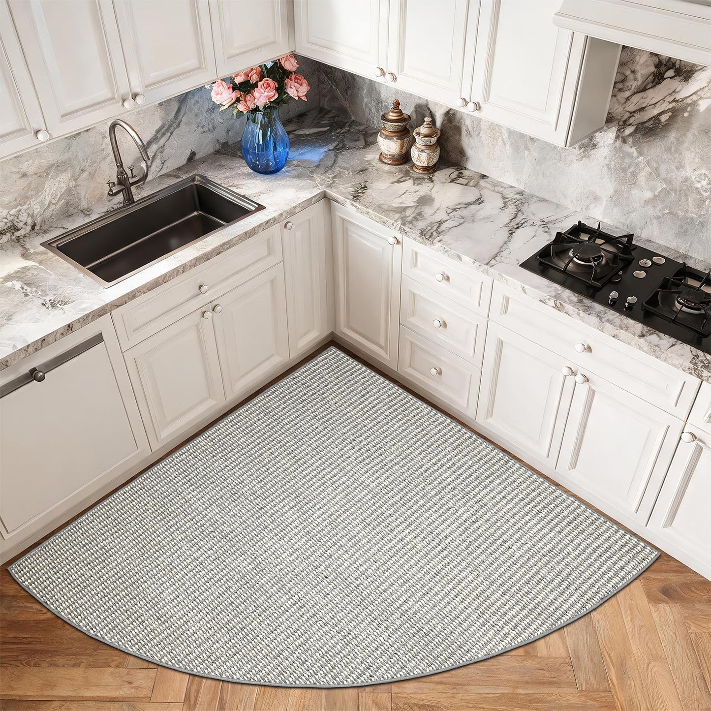 HOMELEPHANT Corner Kitchen Rug Non Slip Washable, Faux Sisal Fan-Shaped Corner Kitchen Mat, Circular Sector Corner Reading Rug, Radius 100cm, White/Grey