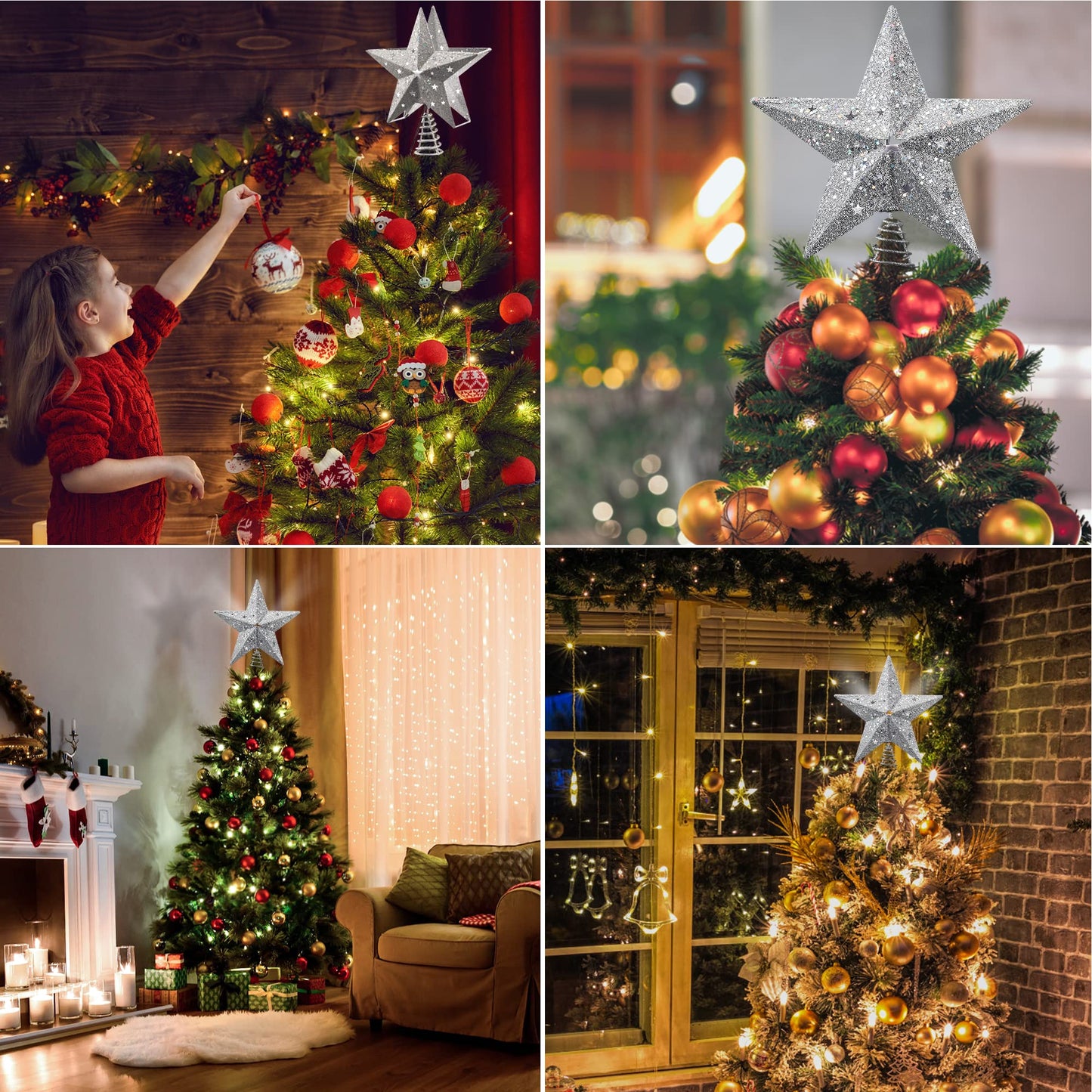 IPOW LED Snowflake Projector Star Christmas Tree Topper, 11.3 Inch Silver Glittered Star Treetop Lighted Rotating Snow Flake for Christmas New Year Holiday Decoration, Night Light Projector for Kids