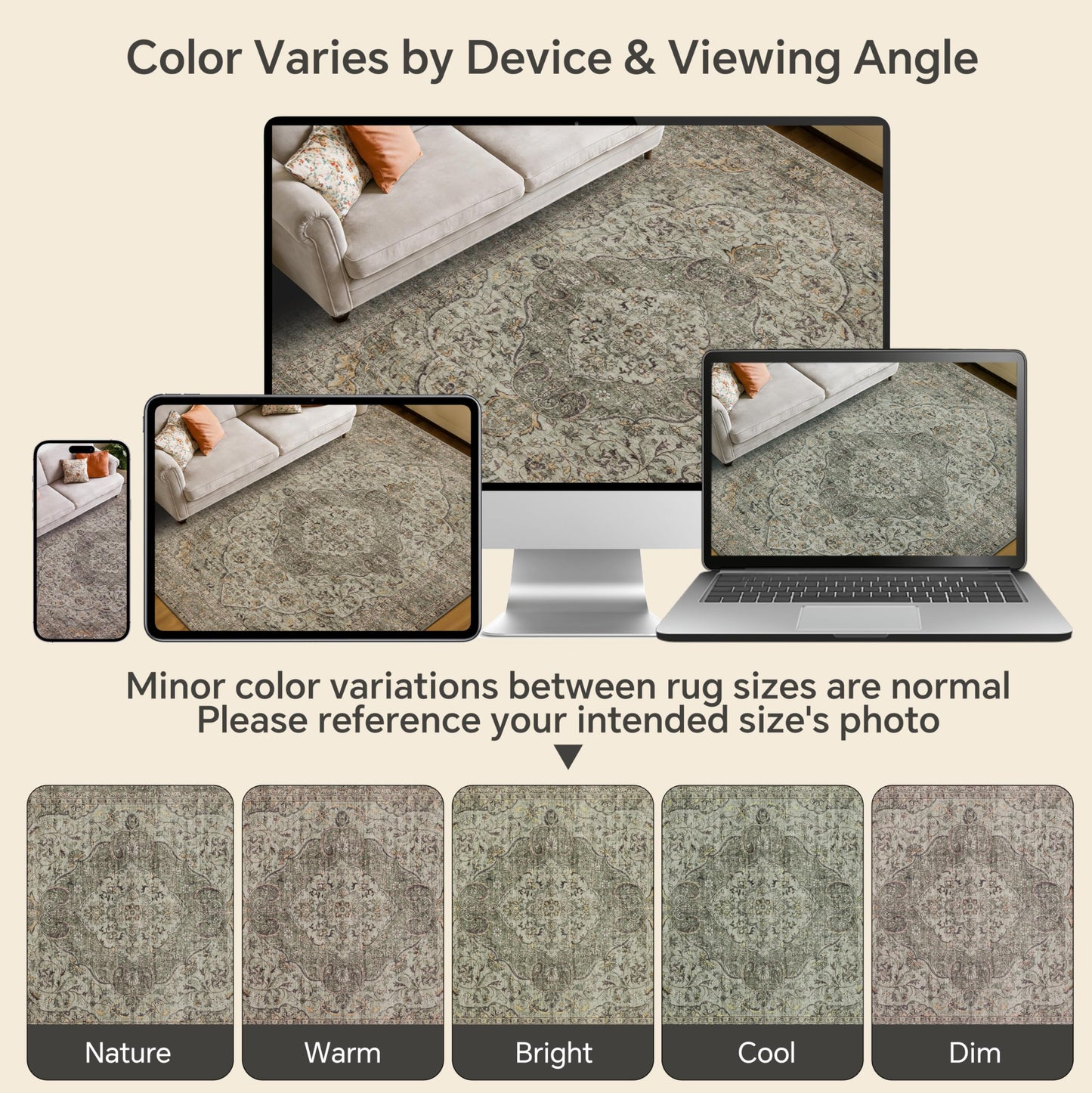 Green 4x6 Area Rugs for Living Room, Boho Vintage Washable Rugs with Non-Slip Backing, Low Pile Retro Soft Carpet for Bedroom, Study Room, Home Office, Dining Room, Olive Green Taupe
