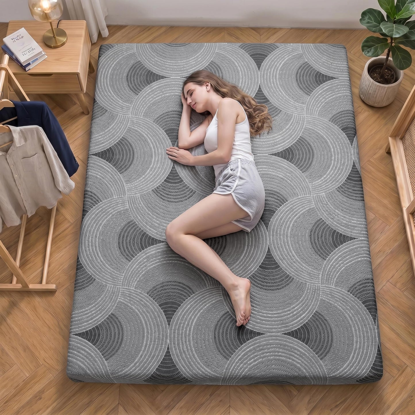 Castage Japanese Floor Mattress, 3.5" Thicken Futon Mattress Tatami Mat with Non-Slip Bottom,Removable Washable Cover,Foldable Mattress Tatami Mat Sleeping Pad，Grey Geometric，Queen(80''x60'')