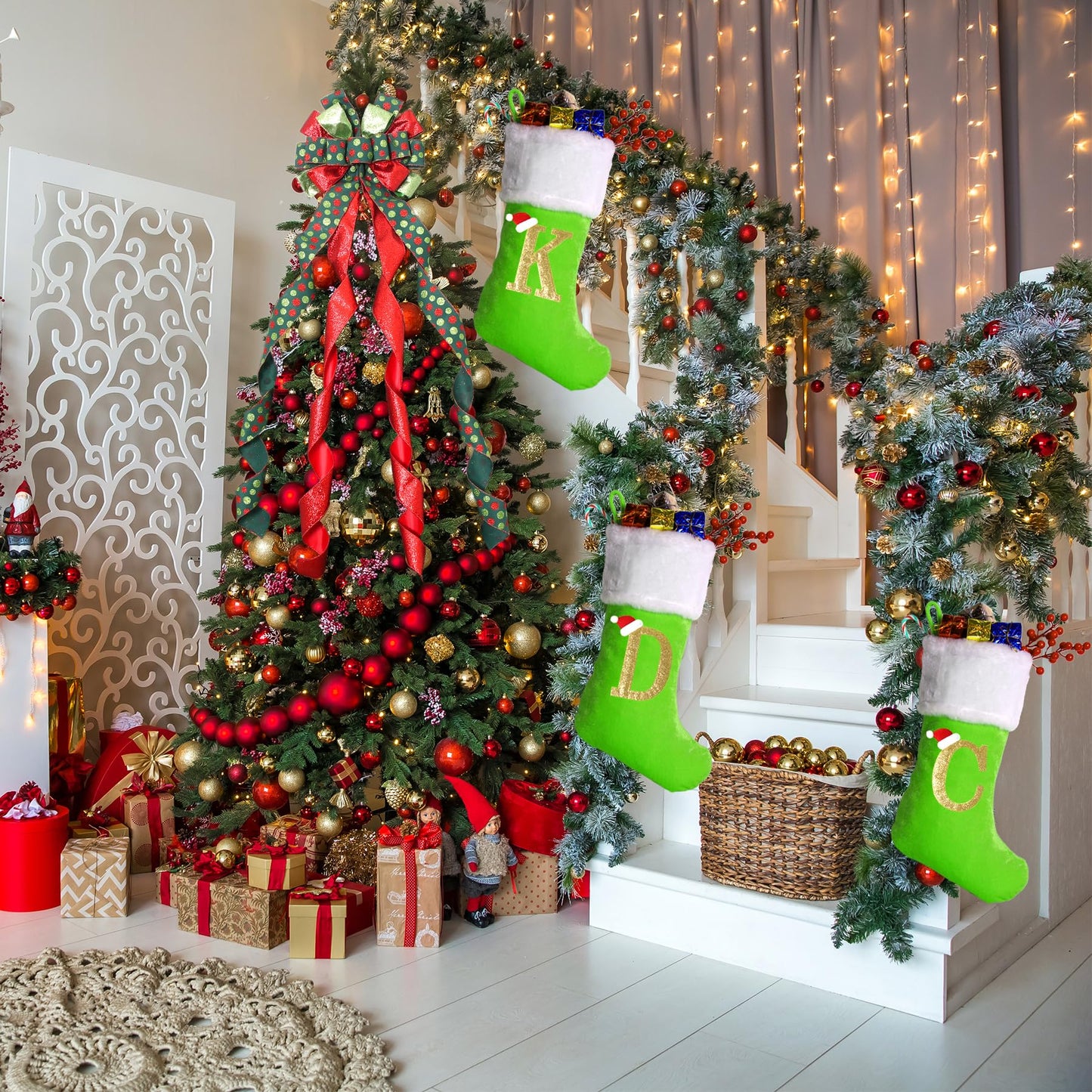 Sailup 20 Inches Monogram Christmas Stockings with Letters, Large Super Soft Christmas Stockings Green Velvet with White Super Soft Plush Cuff for Christmas Xmas Tree Holiday Fireplace Green