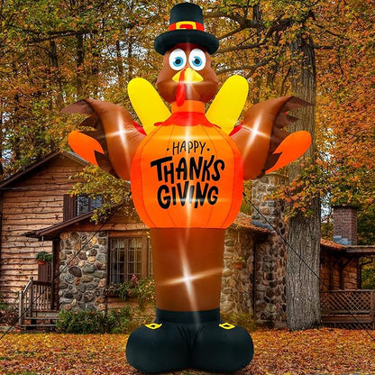 14FT Thanksgiving Turkey Inflatables, Extra Large Blow Up Thanksgiving Turkey Wearing Pumpkins, Pre-lit Happy Thanks Giving Outdoor Inflatable Decorations