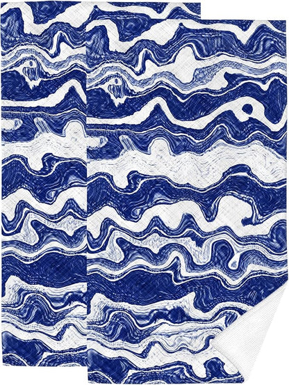 Dark Blue White Waves Striped Hand Towels Bathroom Sets of 2 Modern Abstract Beach Ocean Themed Navy Bath Hand Towels for Bathroom Swim Yoga Spa Home Decorative Gifts 14x28 Inch