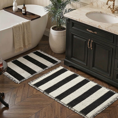 MatEssenz Bathroom Rugs Sets 2 Piece Absorbent Quick Drying Machine Washable,Non Slip, Bathroom Accessories, 17"x24"+18"x30", Black and White Stripes