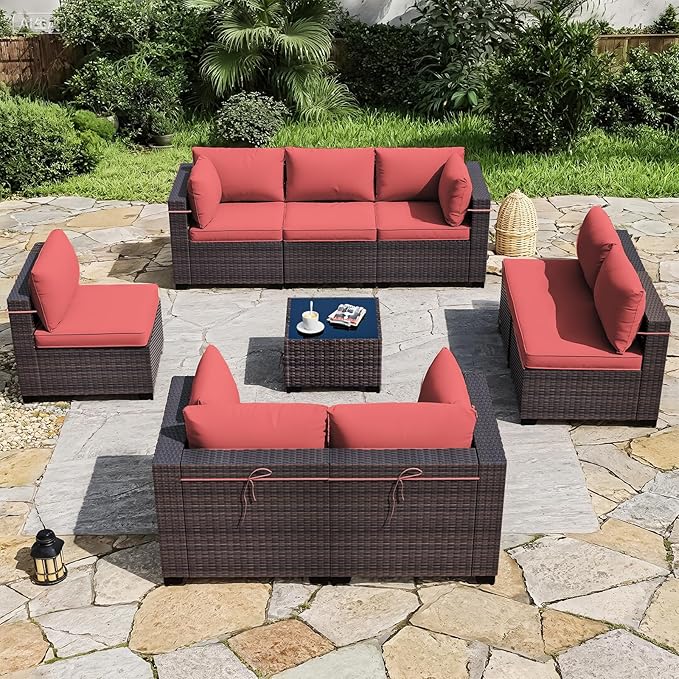 ALAULM 9 Pieces Outdoor Patio Furniture Set Sectional Sofa Sets Brown PE Rattan Patio Conversation Set w/8 Red Seat Cushions and 1 Coffee Table