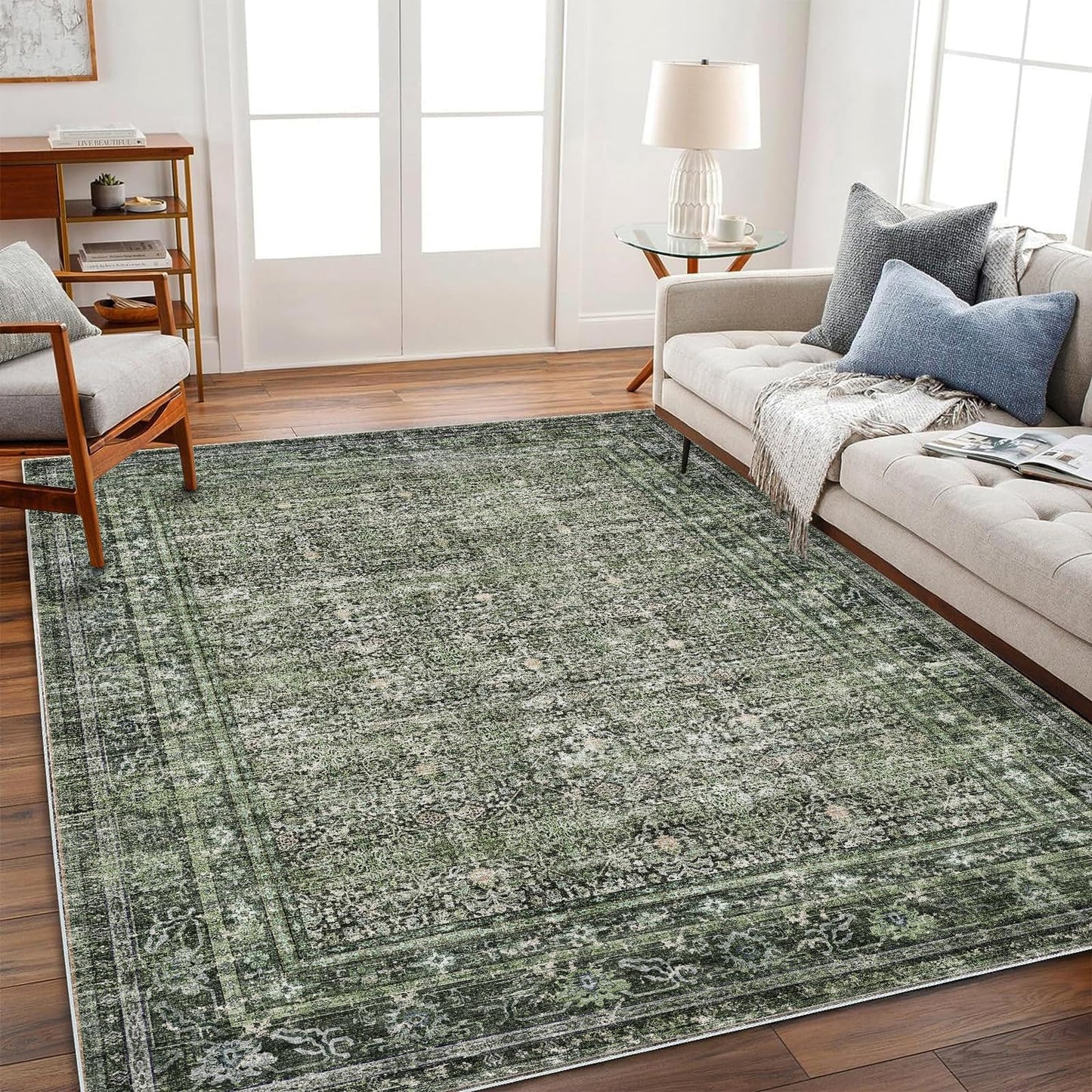 CHAMPLANT Washable Area Rug 4'x6' Traditional Floor Cover Foldable Thin Rugs Retro Kitchen Indoor Distressed Non Slip Carpet Floral Print Mat Bedroom Living Room