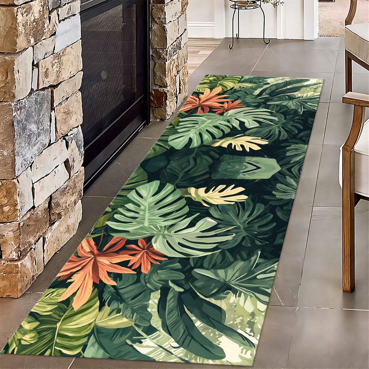 Tropical Leaves Runner Rug, 2x7ft, Hawaiian Bohemian Palm Leaf Monstera Plant Runner Hallway Rug, With Rubber Backing Green Leaf Soft Floor Rug for Bedroom Kitchen Dining Room Laundry Room - Green