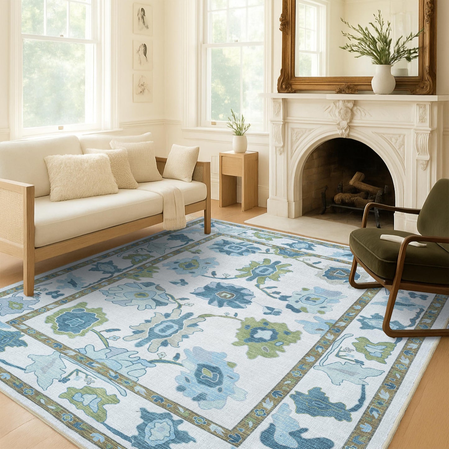 Green Oushak Rug, Modern Rugs, Vintage, Turkish, Eclectic, Floral, Pastel, Washable, Small Throw, Accent Area Rug for Living Room, Bedroom, Kitchen, Bathroom, 2'5"x4'11"