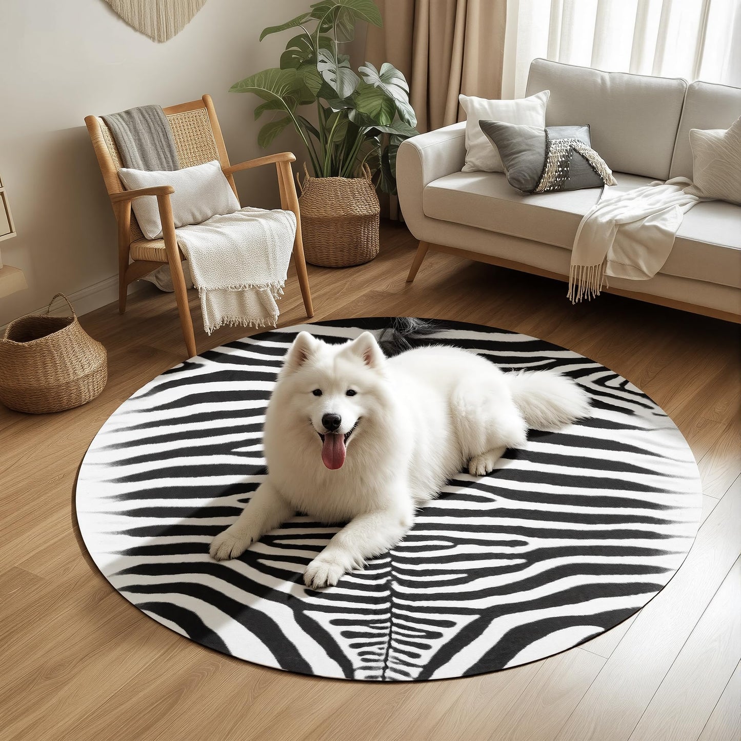 Kelilaicow Classic Zebra Print Faux Cowhide Round Rug, 5x5 ft Ultra-Thin Washable Non-Slip Circle Mat for Living Room, Bedroom, Easy-Clean & Pet-Friendly