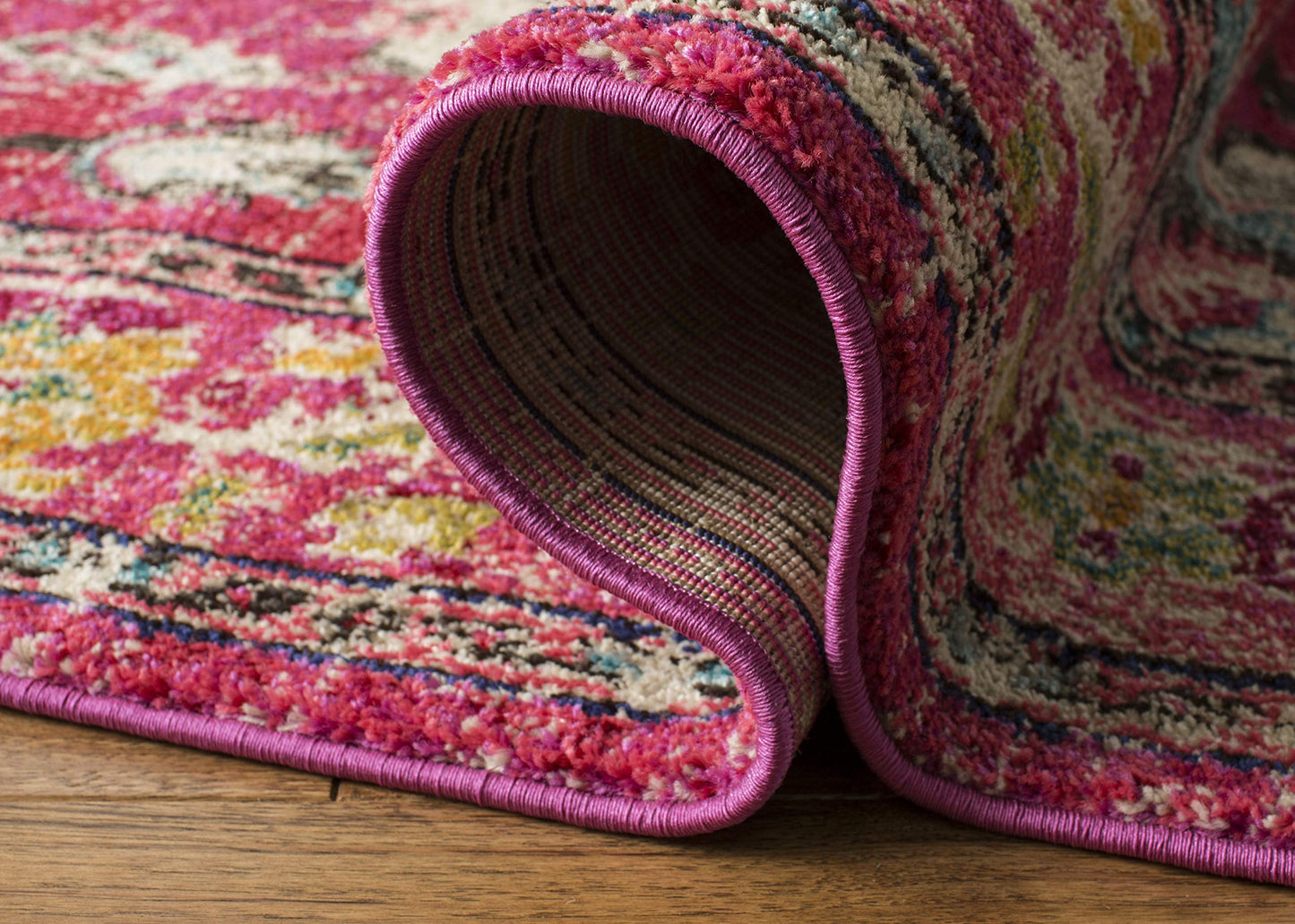 SAFAVIEH Monaco Collection Area Rug - 5'1" x 7'7", Pink & Multi, Non-Shedding & Easy to Clean, Distressed Medallion Design, Ideal for Living Room, Bedroom, Dining Space (MNC243D)