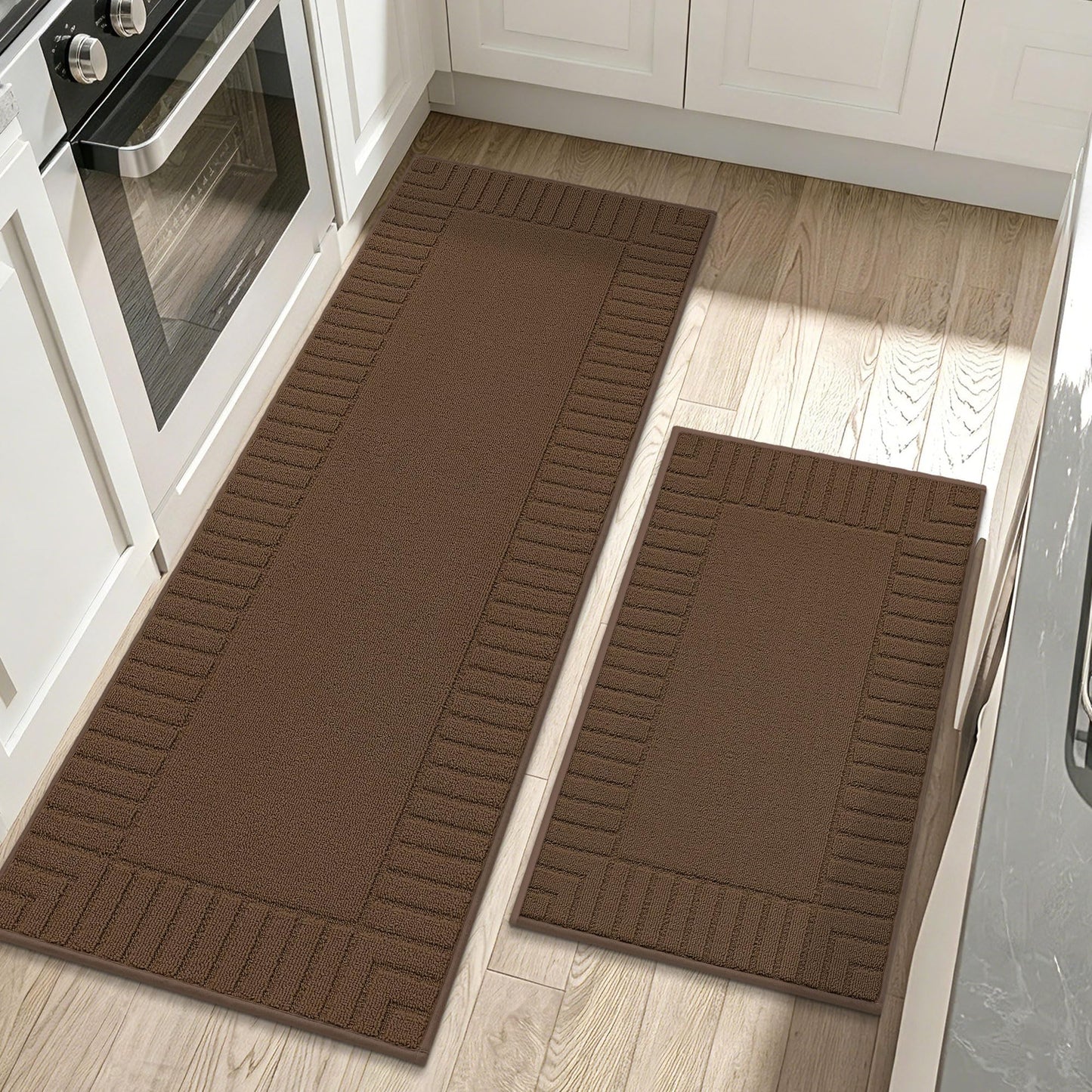 BEQHAUSE-Kitchen-Rugs-Anti-Slip-Kitchen-Mats-for-Floor Absorbent Kitchen Mat Set of 2 Washable Kitchen Runner Rug with TPR Non Skid Backing,Brown 24x35inch/24x60inch