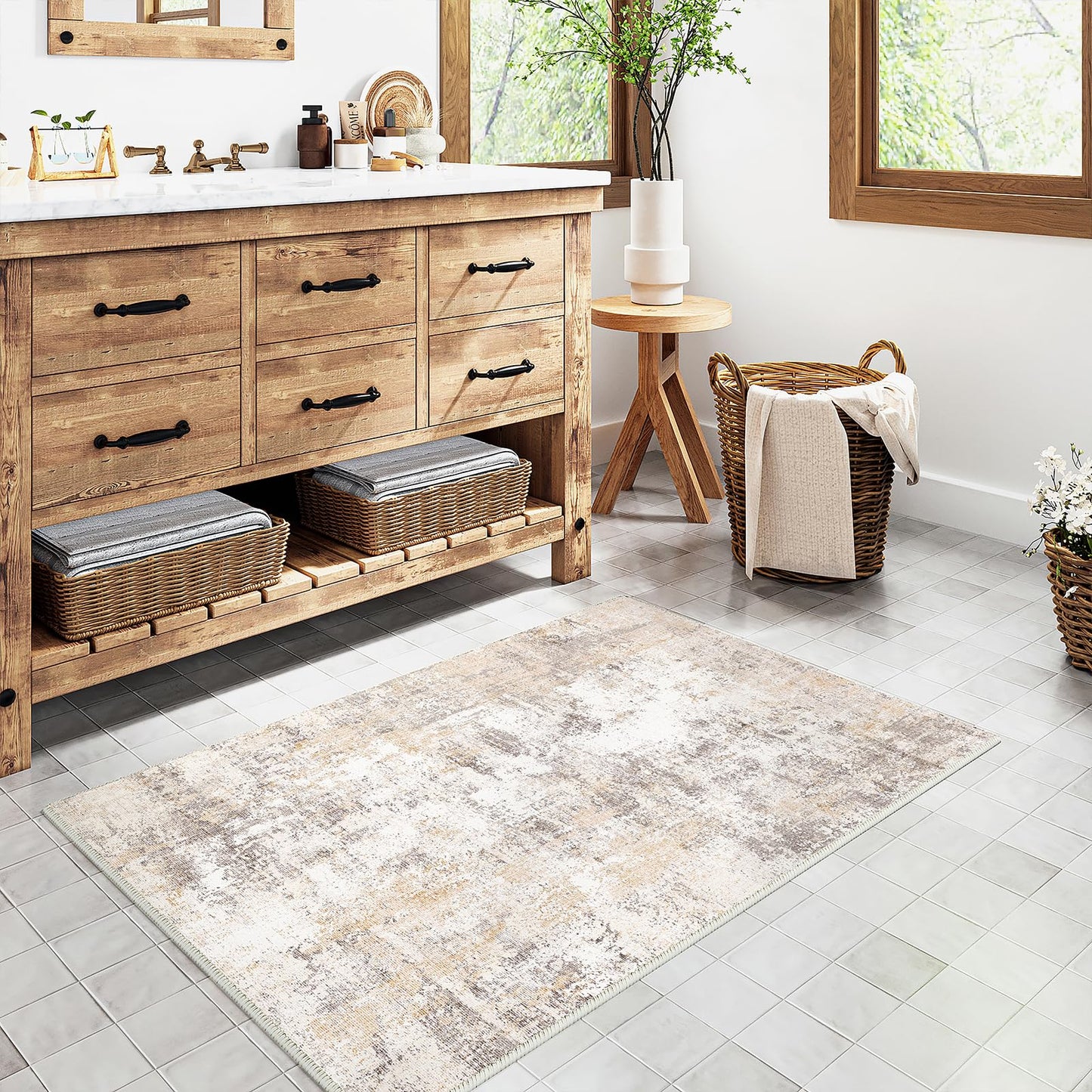 WondRg 2x3 Washable Area Rug Beige Grey Abstract Non Slip Soft Low Pile Small Rug for Entryway Kitchen Bathroom Neutral Modern Throw Carpet for Living Room Bedroom Home Decor