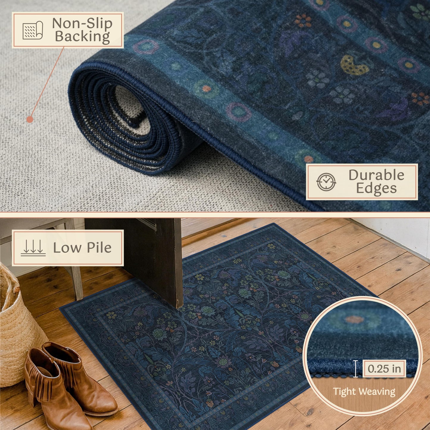 Washable Dark Blue 5x7 Living Room Area Rug - Small Dining Room Rugs for Under Table, Non Skid & Low Pile Bedroom Carpet, Thin Nature Botanical Pattern Mats (Navy Blue)