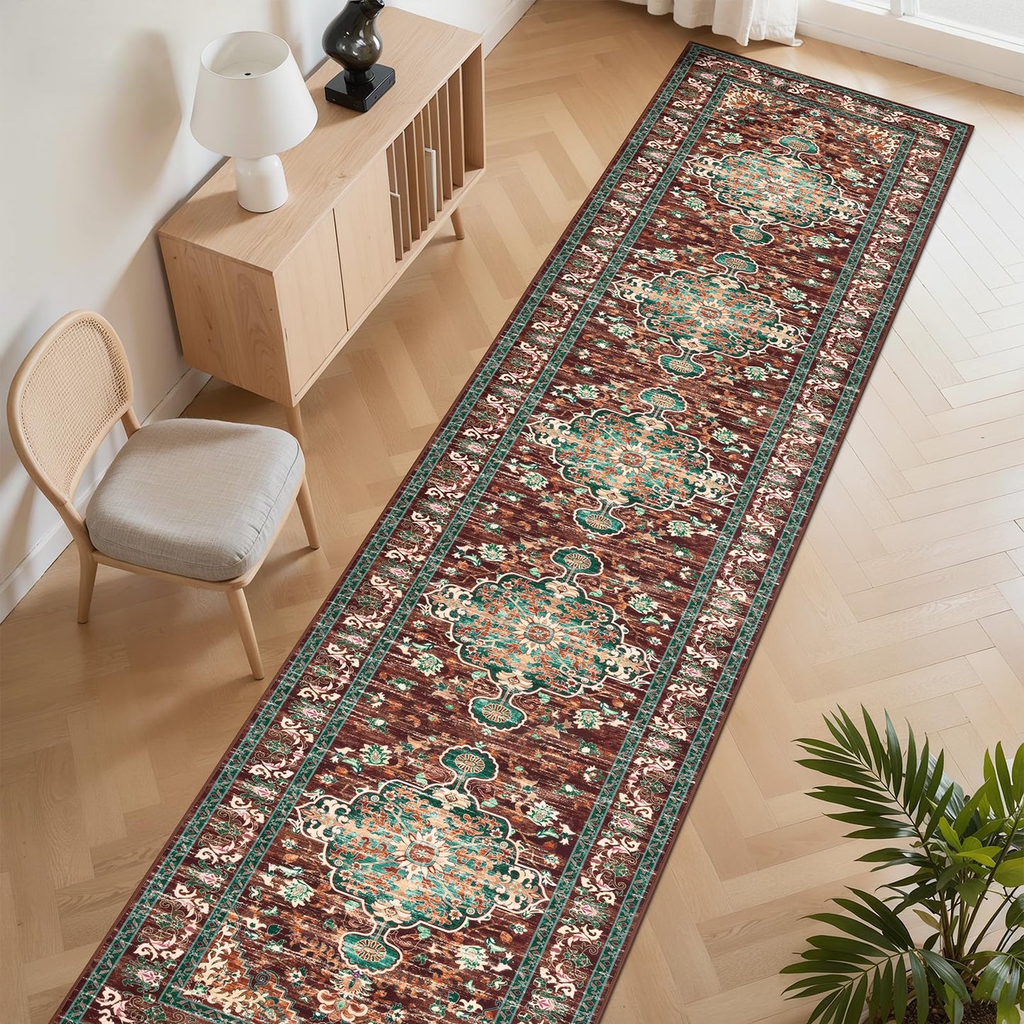 U'Artlines 3' x 14' Boho Hallway Runner Rug, Rust Non Slip Washable Vintage Farmhouse Accent Rug Carpet for Kitchen Entryway Laundry and Living Room (Rust＆Teal)