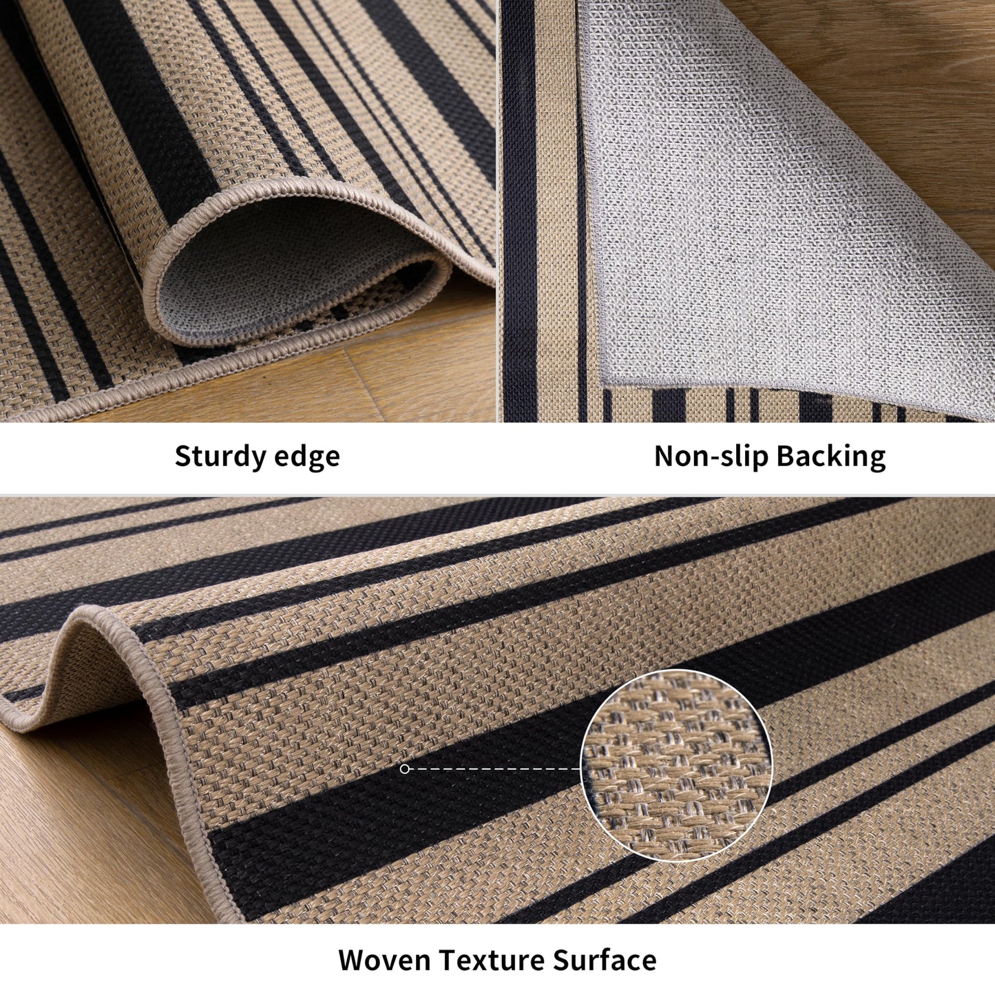 Tangsoo Stripe Easy Jute Rug 4x6 for Paito,Thin Non-Slip Indoor Outdoor Black Door Carpet,Washable Farmhouse Throw Mat for Front Porch Kitchen Bedroom Foyer