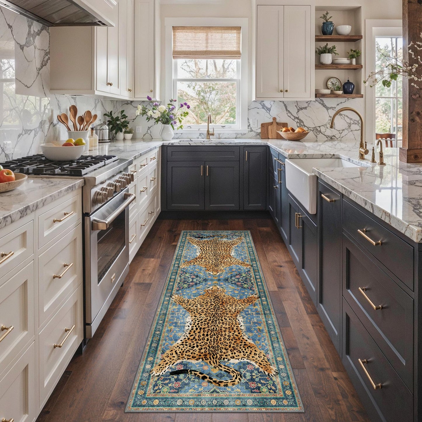Bavni 2x6 Leopard Rug, Soft Cheetah Rug Animal Print Kitchen Rug Washable Runner Rug Non Slip, Low Pile Runners for Hallway Print Woodland Jungle Carpet for Entryway Playroom Bedroom, Blue