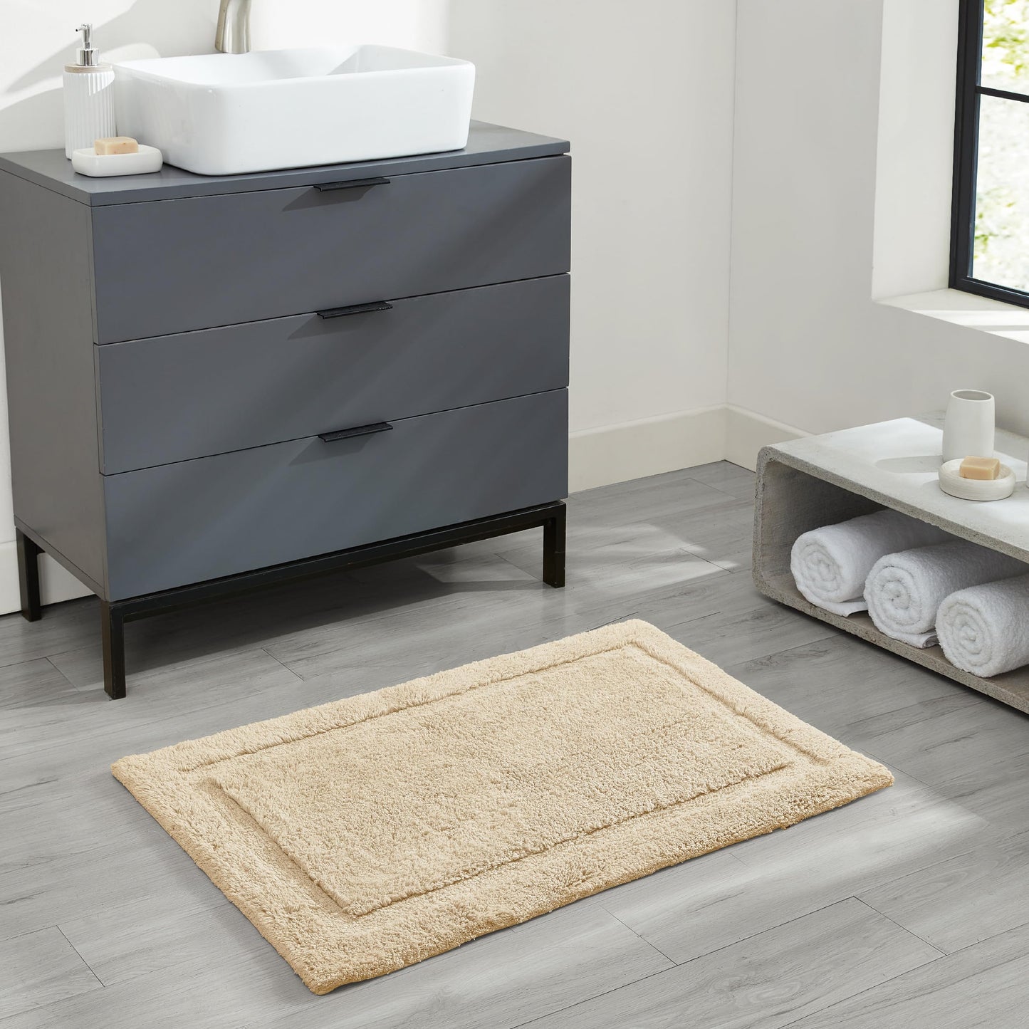 Jean Pierre New York Lydia Border 100% Cotton Bath Mat - Non-Slip Bath Rug - Ivory - 27"x45"