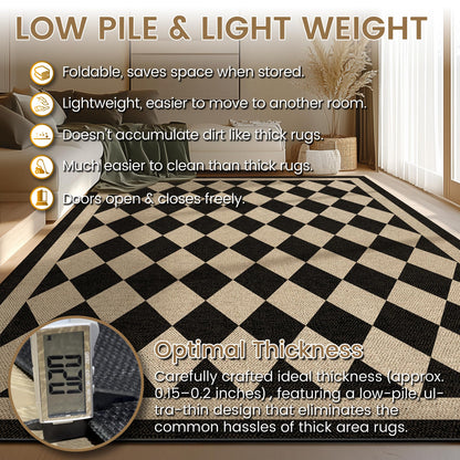 JROSING Washable Checkered Easy Jute Rug 5x7, Black Checkerboard Geometric Modern Outdoor Indoor Patio Large Rugs, Woven Thin Carpet Mat for Living Dining Room Bedroom Classroom Kids Nursery Play Room