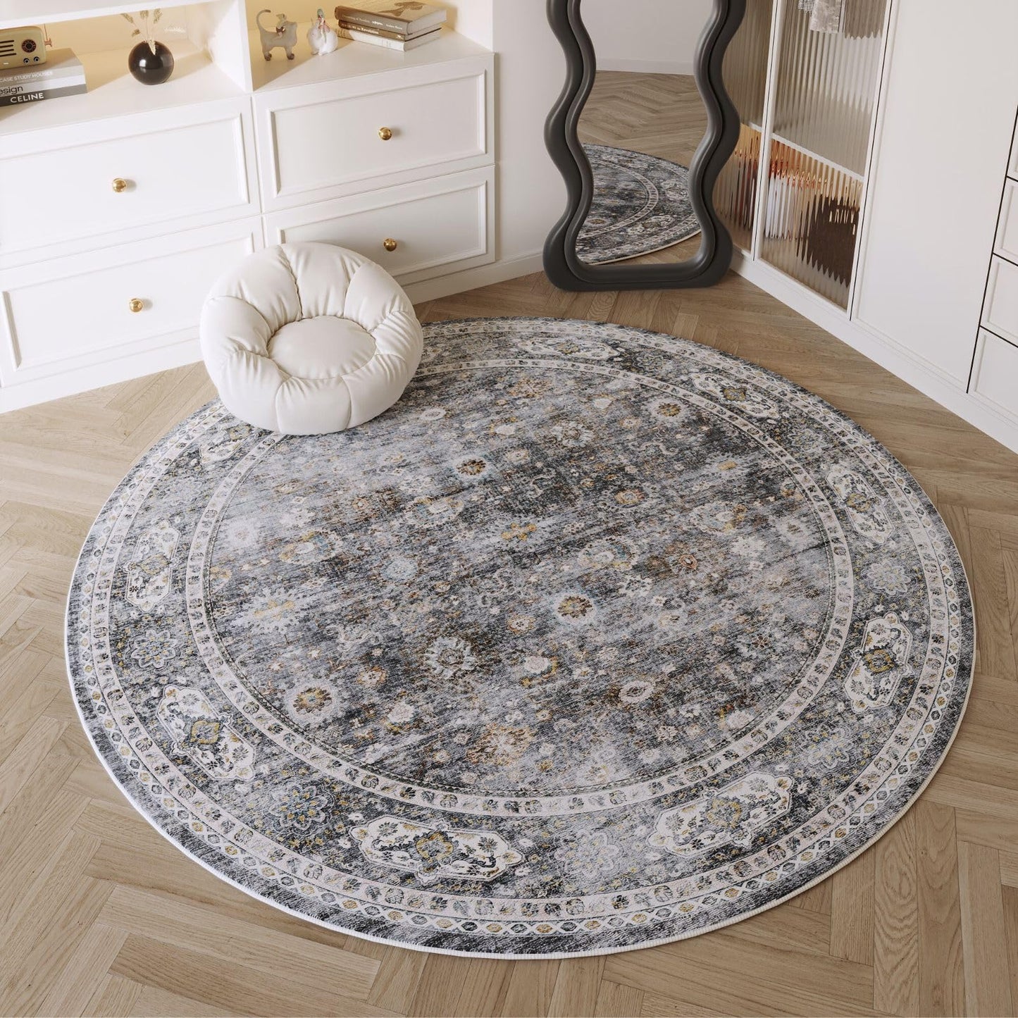Rugcomf Round Rug 4ft Washable Circle Rug Non Slip Low Pile Boho Small Circular Rug for Bedroom, Bathroom, Entryway, Kids Room, Office, College Dorm(Grey)