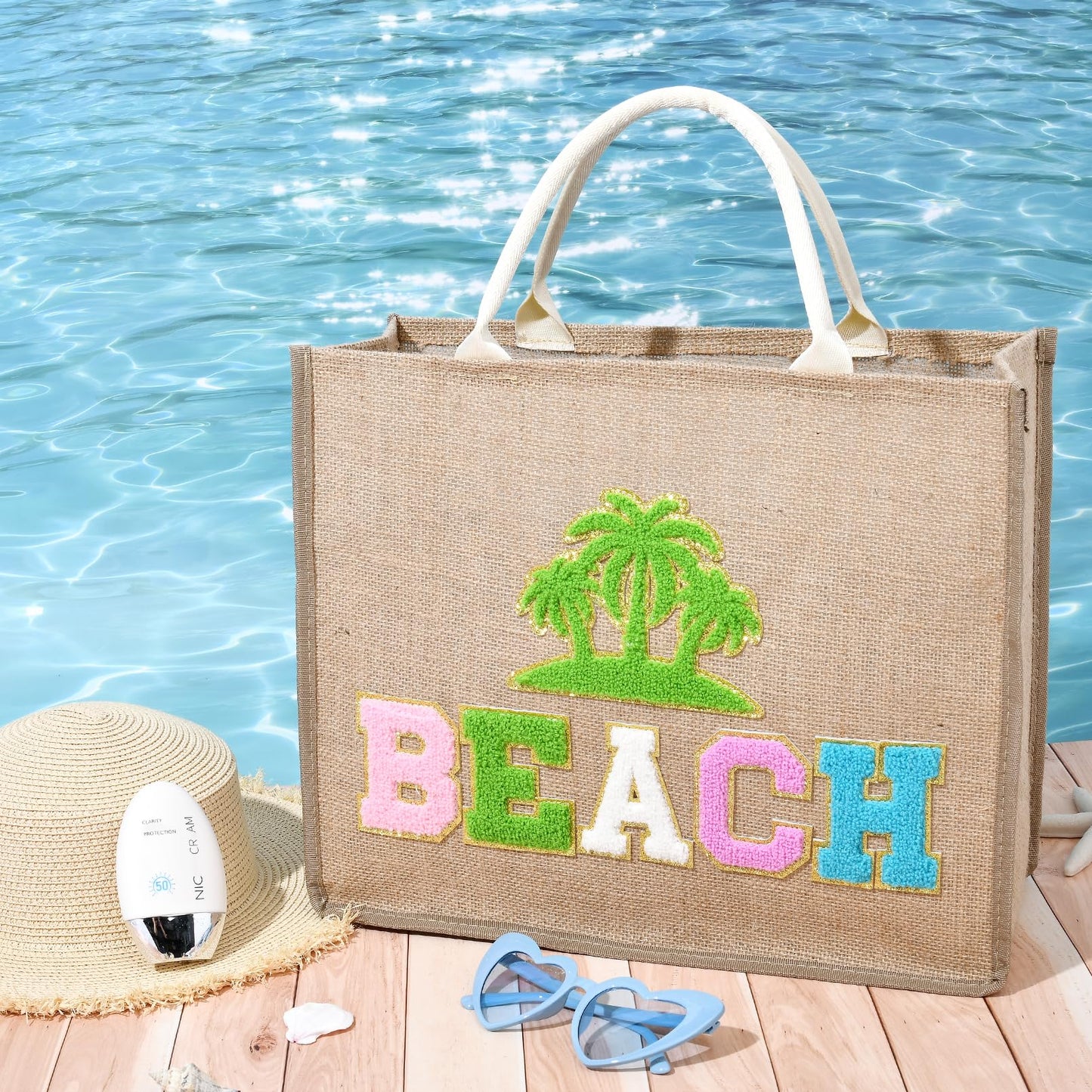 KUIRAN Beach Bag for Women, Large Woven Straw Beach Bag with Chenille Letter Patches and Water-resistant Lining, 22L Tote Handbag for Pool, Travel, Shopping, Summer Vacation, Bachelorette Gift - Green