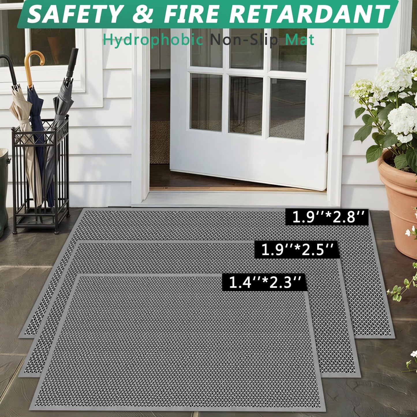 WochiTV Non Slip Drainage Mats, Front Door Mat, PVC Pool Floor Mat 0.2'' Thick Rubber Outdoor Indoor, Parking Space Mat for Bathroom Garage Basement Backyard Commercial Kitchen, 1.4x2.3Ft Grey