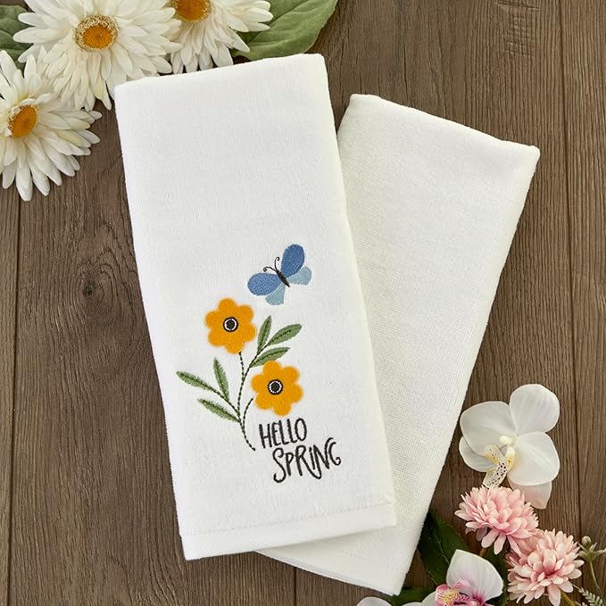 SKL Home Hello Spring Flowers 100% Cotton 3D Embroidered 2pc Hand Towel Set
