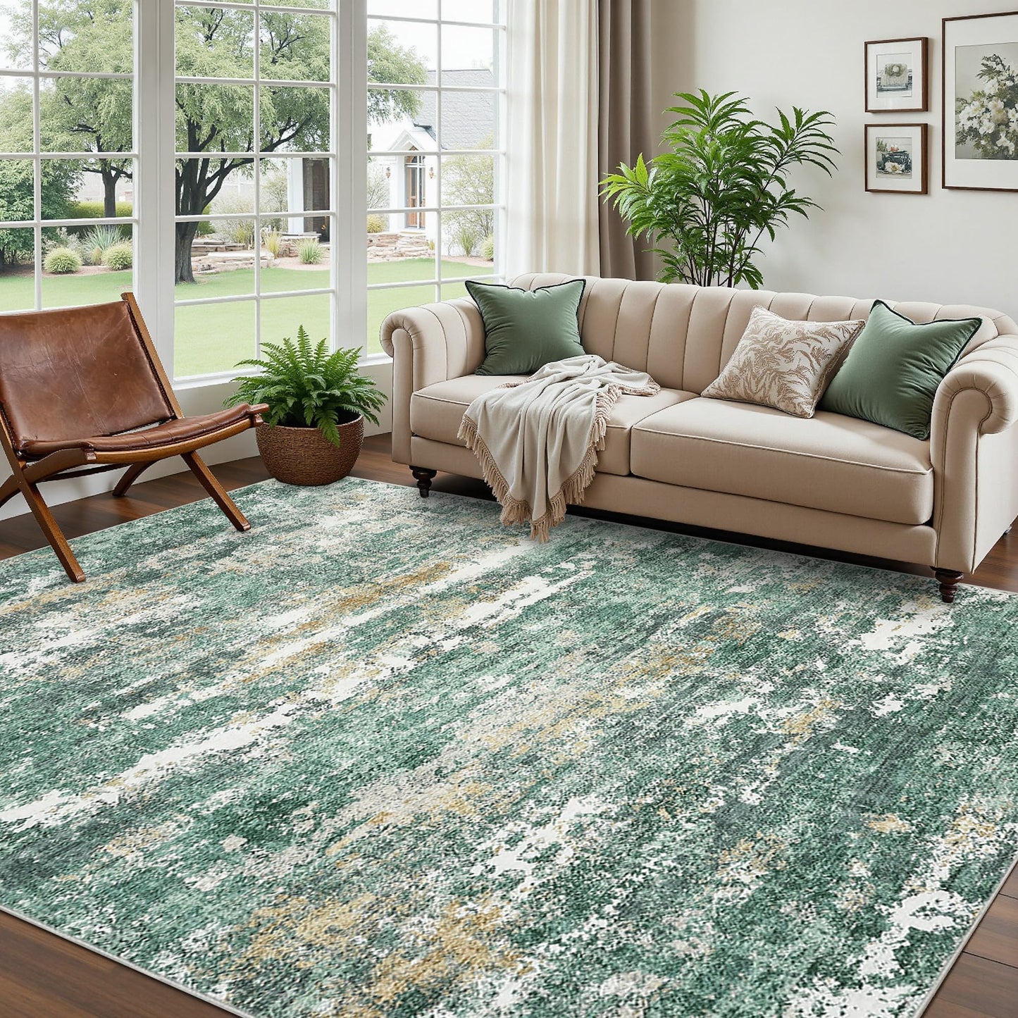 GarveeHome 5x7 Abstract Area Rugs for Living Room Machine Washable Soft Area Rugs for Bedroom Carpet Resistant Non-Slip Rug for Dining Room Farmhouse Nursery Green