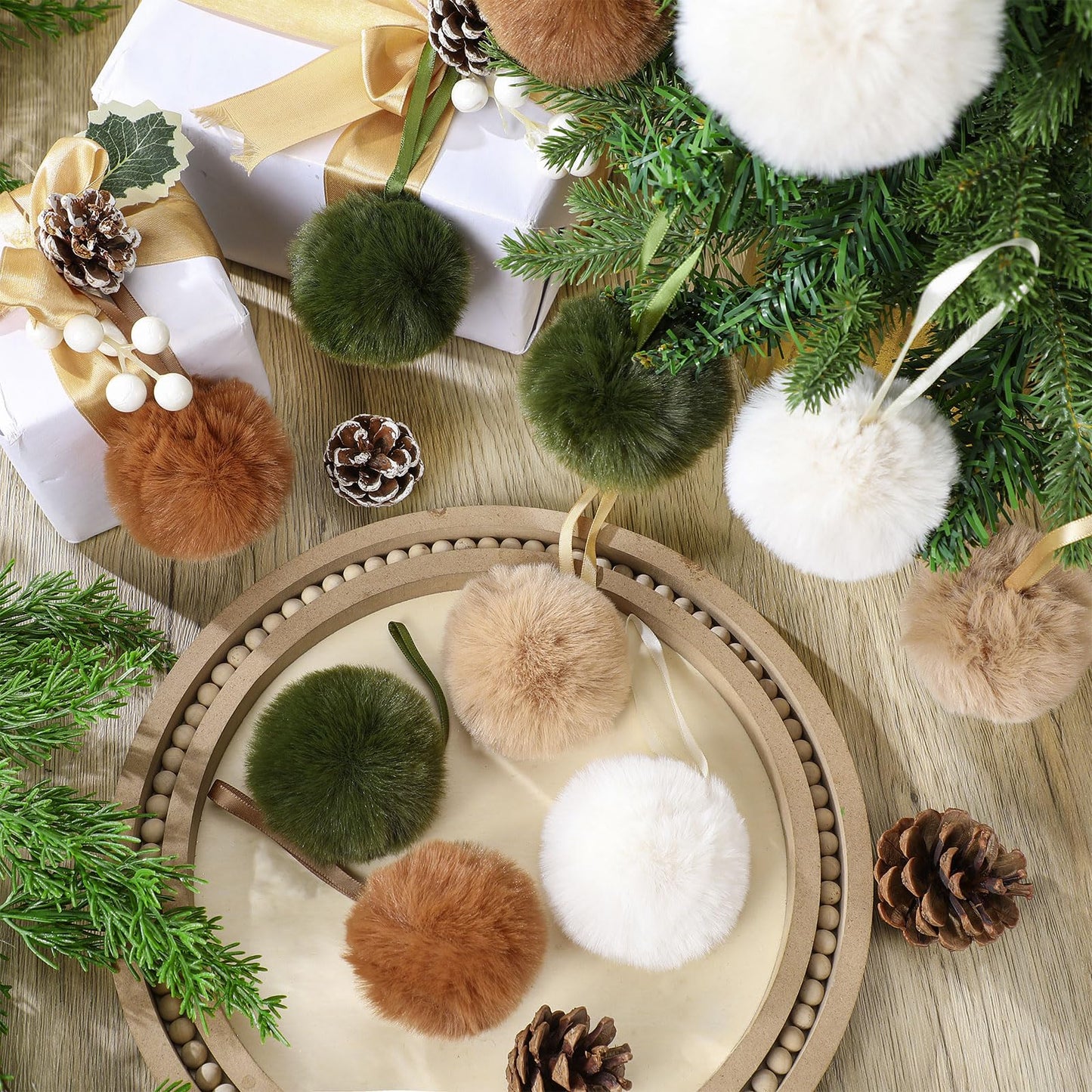 ShinyRelief 48 Pcs 3.1 Inch Neutral Furry Christmas Balls Ornaments Faux Fur Pom Poms Boho Christmas Tree Hanging Decoration for Party Supplies Holiday Office Fireplace Mantel Home Wall Decor