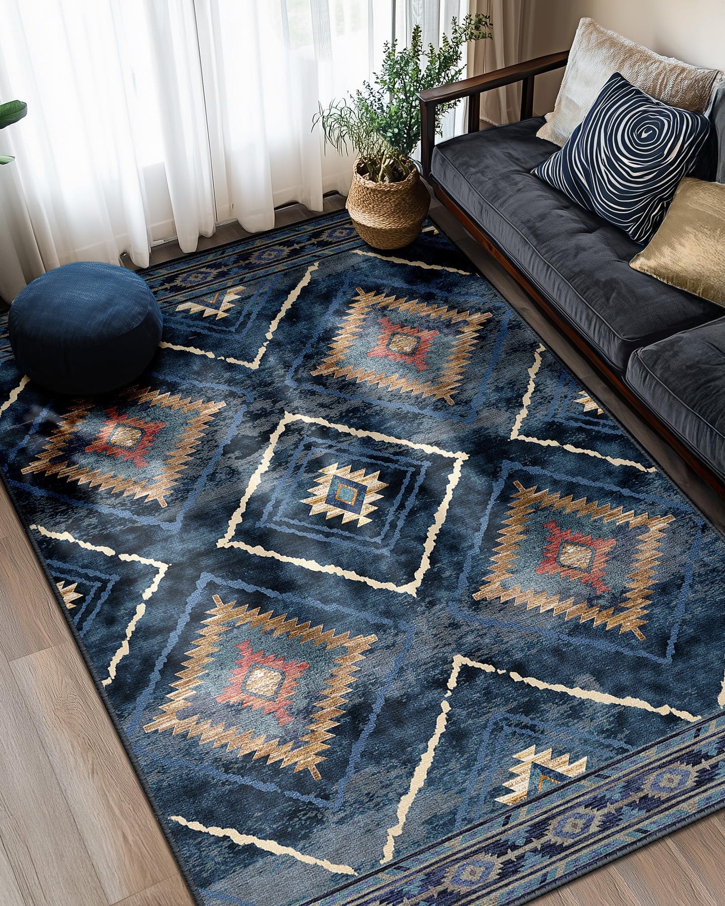 BESTSWEETIE Area Rug 5x7 Rug Machine Washable Non-Slip Low Pile Print Pattern Western Rug for Living Room Bedroom Entryway Tribal Series -Darkblue