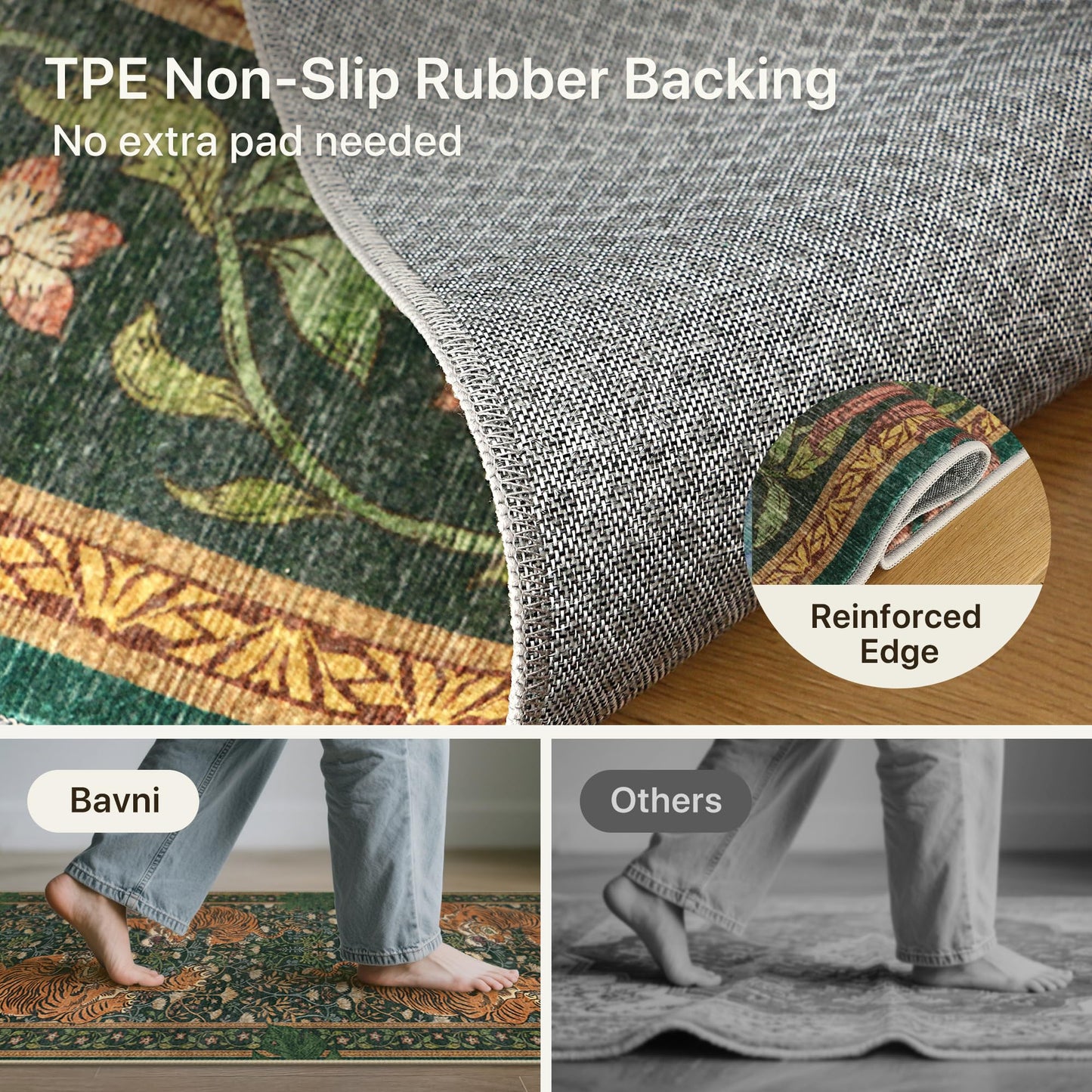 Bavni Tiger 2x6 Washable Runner Rug Non Slip, Boho Vintage Oriental Hallway Runner, Low Pile Soft Green Carpet Stain Resistant, Botanical Animal Kitchen Runner Rugs for Entryway Bedroom Laundry