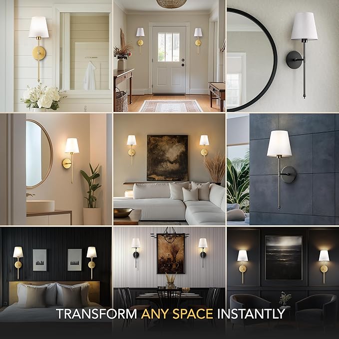 Set of 2 Wireless Wall Sconces – Stick-On or Screw Mount - Rechargeable LED Bulbs, Remote Controlled, Adjustable Brightness & Warmth, Easy Installation, Living Room Wall Decor (Gold)