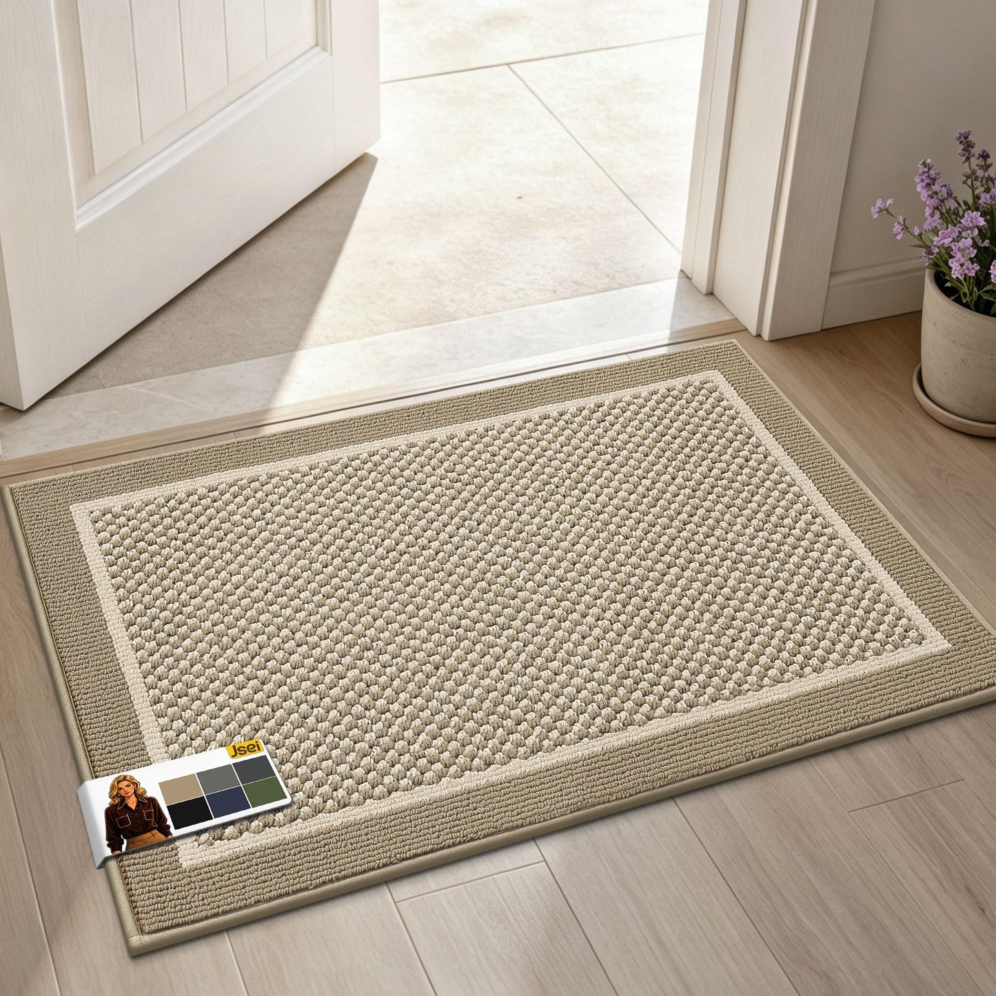 JSEI Dirt Trapper Door Mat 20"x32", Non-Slip Washable Doormats Entryway Rugs, Trap Dirt Absorbent Welcome Mat, Low Profile Floor Mats for Front Back Door and Entrance, Beige