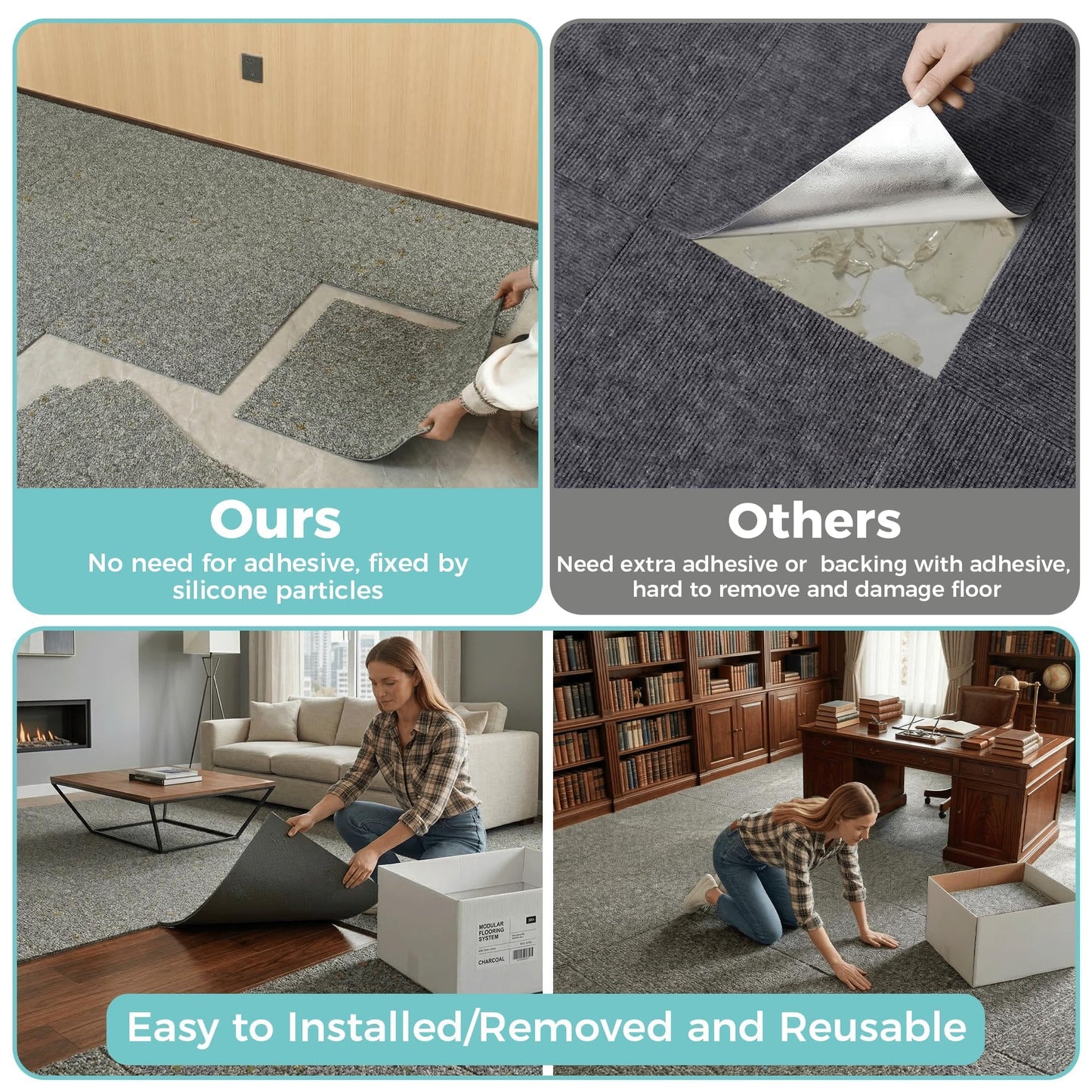 jxgzyy Commercial Carpet Tiles 20x20in, 0.38" Thickened Carpet Squares with Silicone Backing, Heavy Duty Carpet Floor Tiles with Padding Attached for Home Office Garage Hotel, 12 Pcs/32.4 Sqft