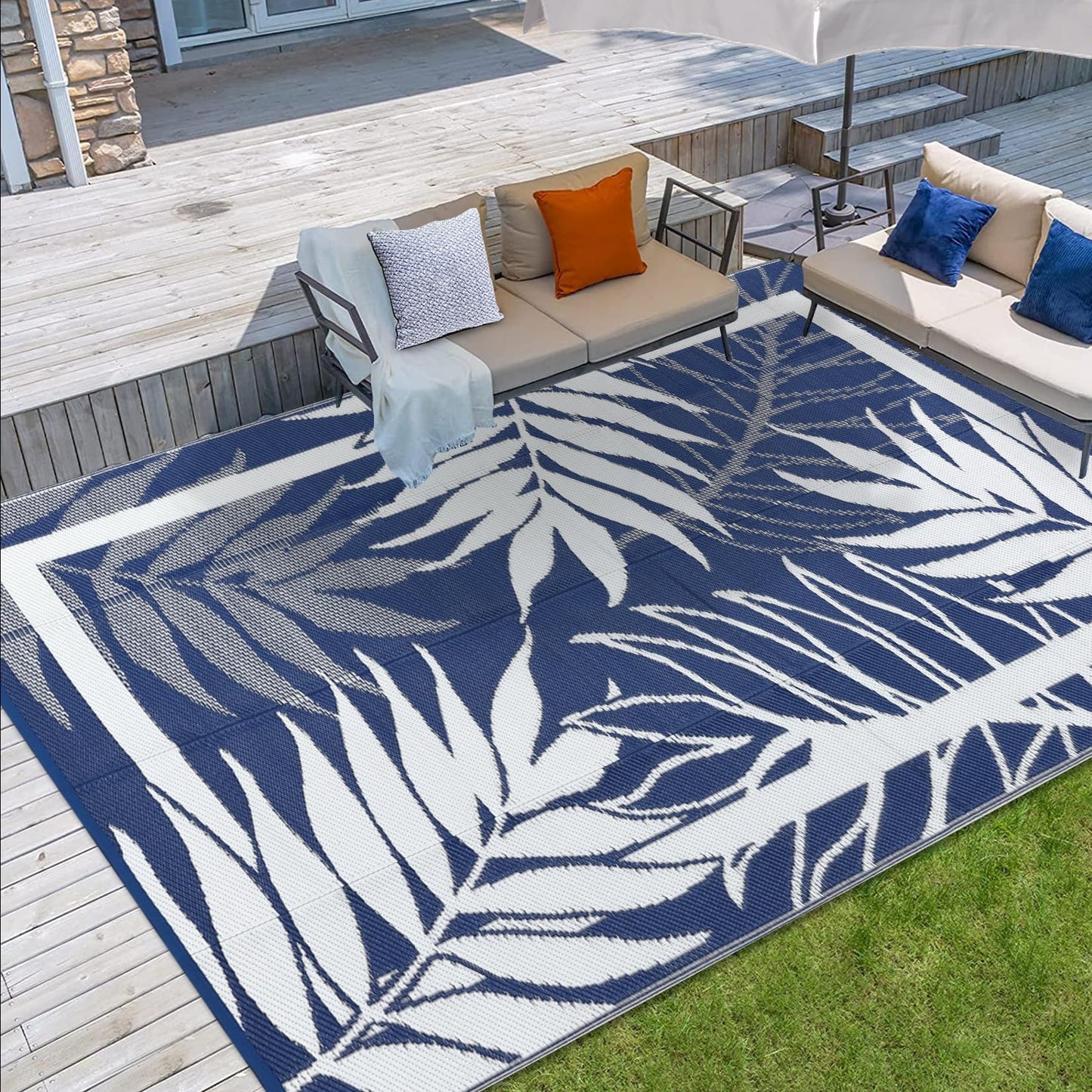 GAOMON 9'x18' Outdoor Rug Waterproof, Reversible Plastic Straw Rug for Large Patio, Backyard, Poolside, Deck – UV Resistant, Heavy Duty, Easy Clean Outdoor Carpet for High Traffic, Navy&White