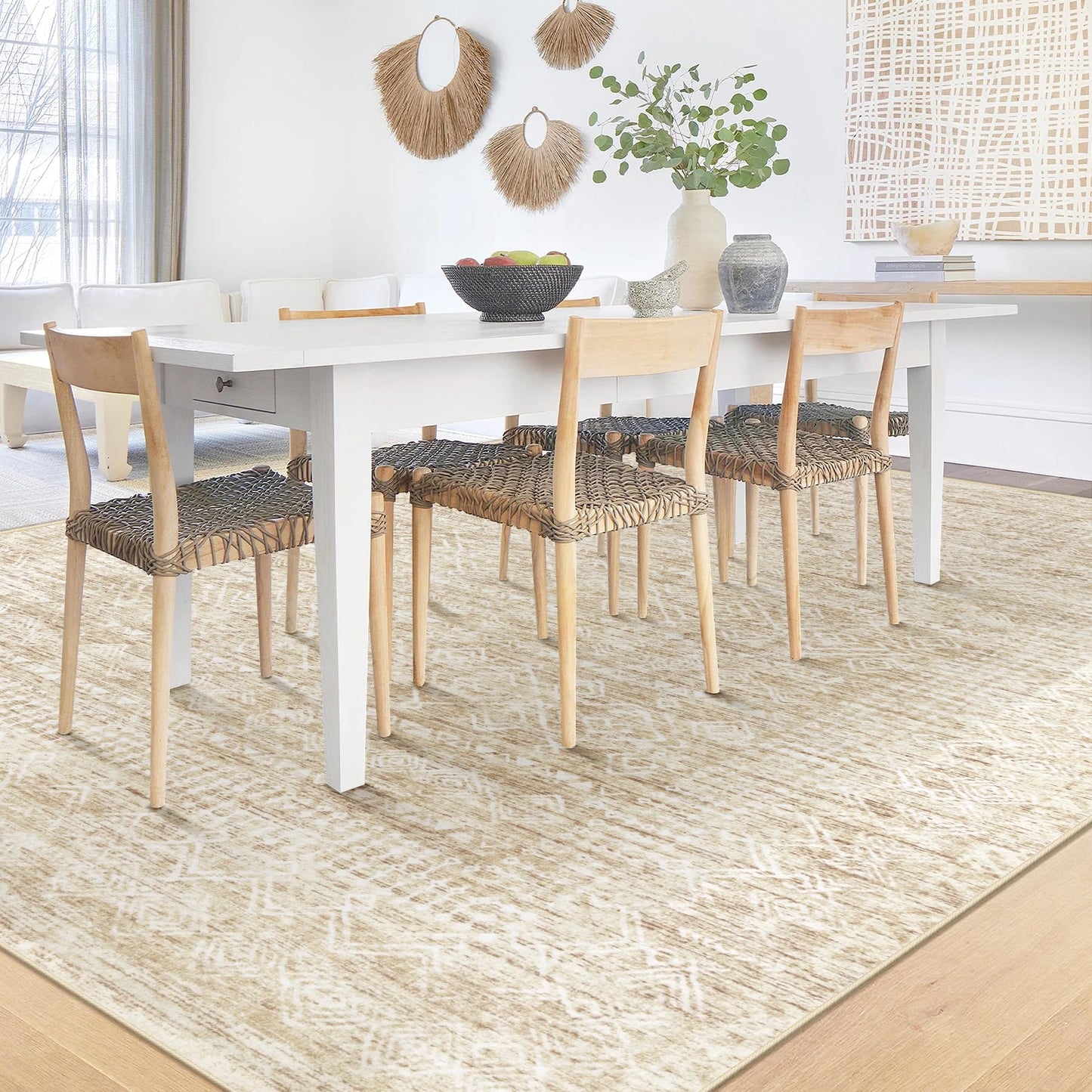 Washable Area Rug 5x7: Moroccan Rug for Living Room Geometric Boho Rug Farmhouse Non Slip Stain Resistant Rugs Low Pile Soft Carpet for Bedroom Dining Room Home Office Children Room (Beige,5'x7')