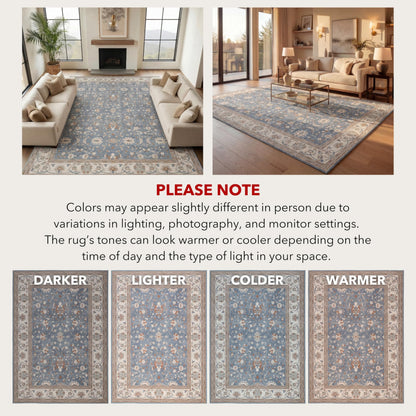 Kuden 6x9 Area Rug, Machine Washable Area Rug with Non-Slip Backing, Vintage Style, Soft, Easy Clean, Low Pile Rug for Living Room, Bedroom, Dining Room