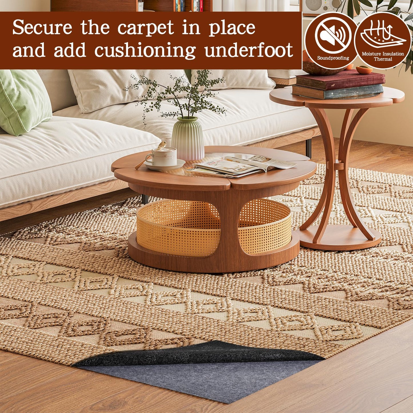 Rug Pad Waterproof Non-Slip 8x10 ft, 1/8" Thick Felt Cushion Pad for Area Rugs – Protects Hardwood, Tile & Laminate Floors – Keeps Rugs Flat & Secure
