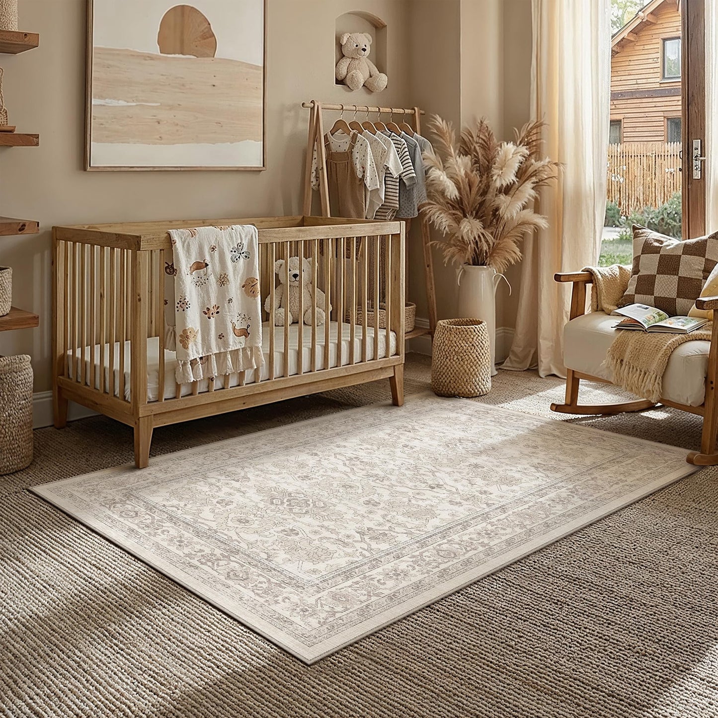 HUGEAR Area Rug 5x7 Retro Beige Machine Washable Living Room Rugs Distressed Vintage Floral Vacuumable Low Pile Carpet Bedroom Office Dining Room Laundry Room Non Slip Soft Lightweight