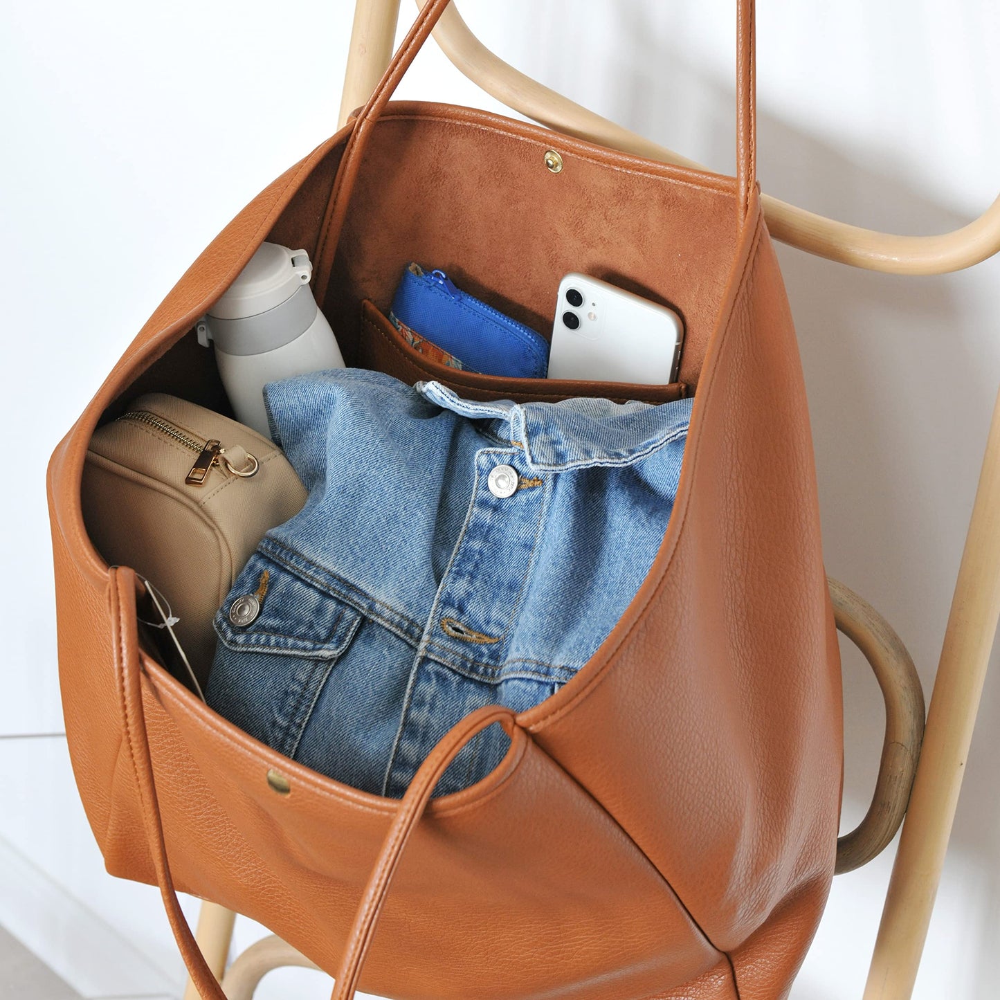 HOXIS Oversize Pu Leather Tote Women Weekender Bag Shopper Handbag Travel Purse (Orange-brown)